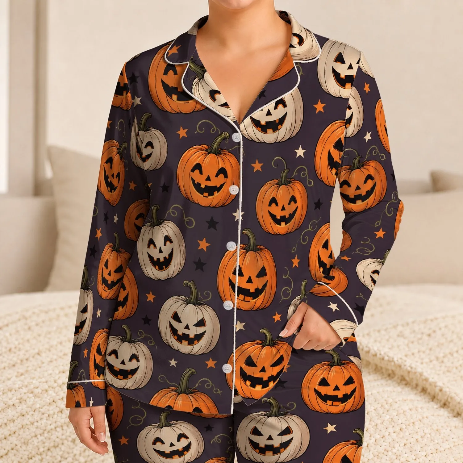 Jack-O'-Lantern Pumpkins and Stars for Cozy Halloween Nights and Autumn Lounging Satin Pajamas Set - 1