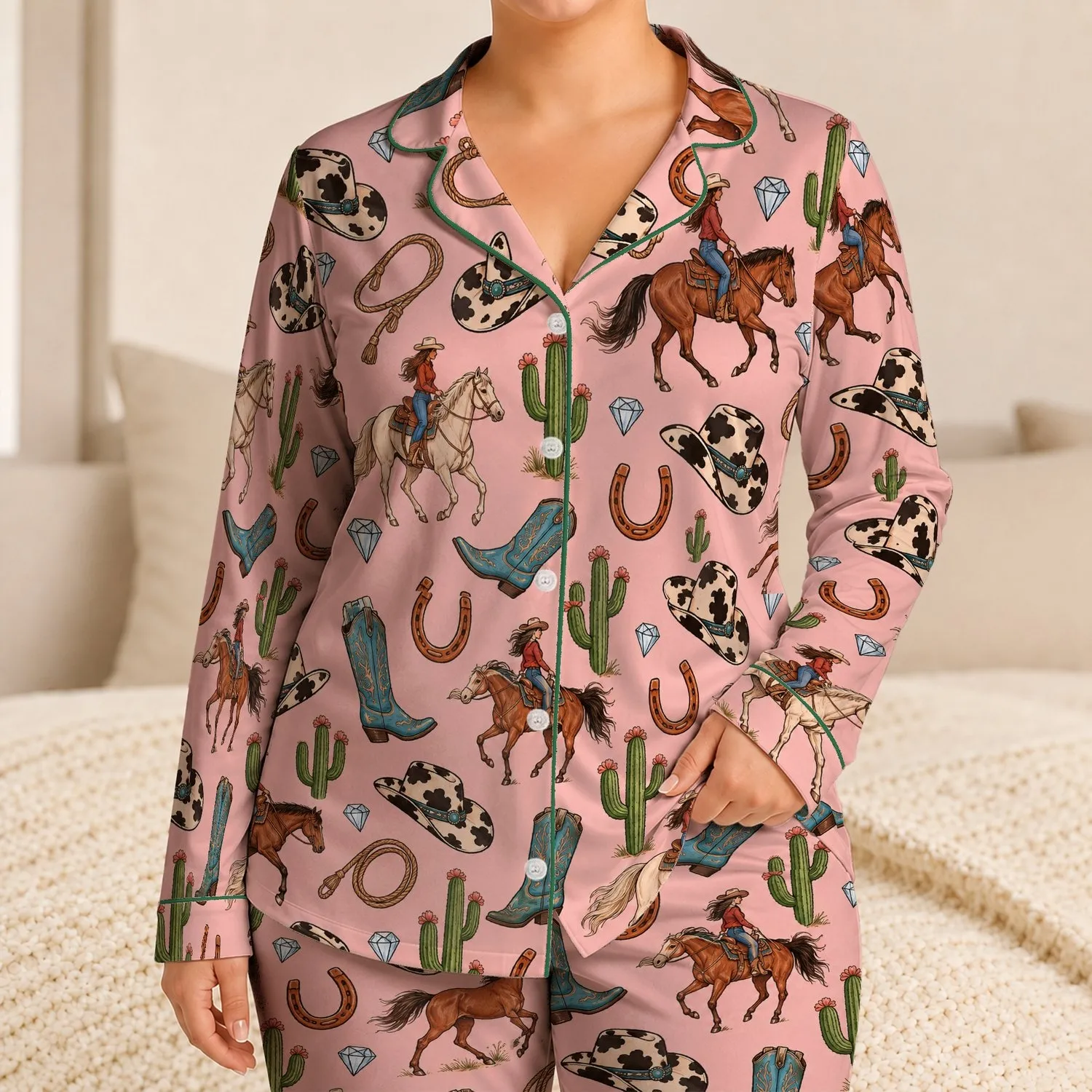 Western Cowboy Hats And Ranch Horses For Cozy Weekend Lounging At Home Satin Pajamas Set - 1