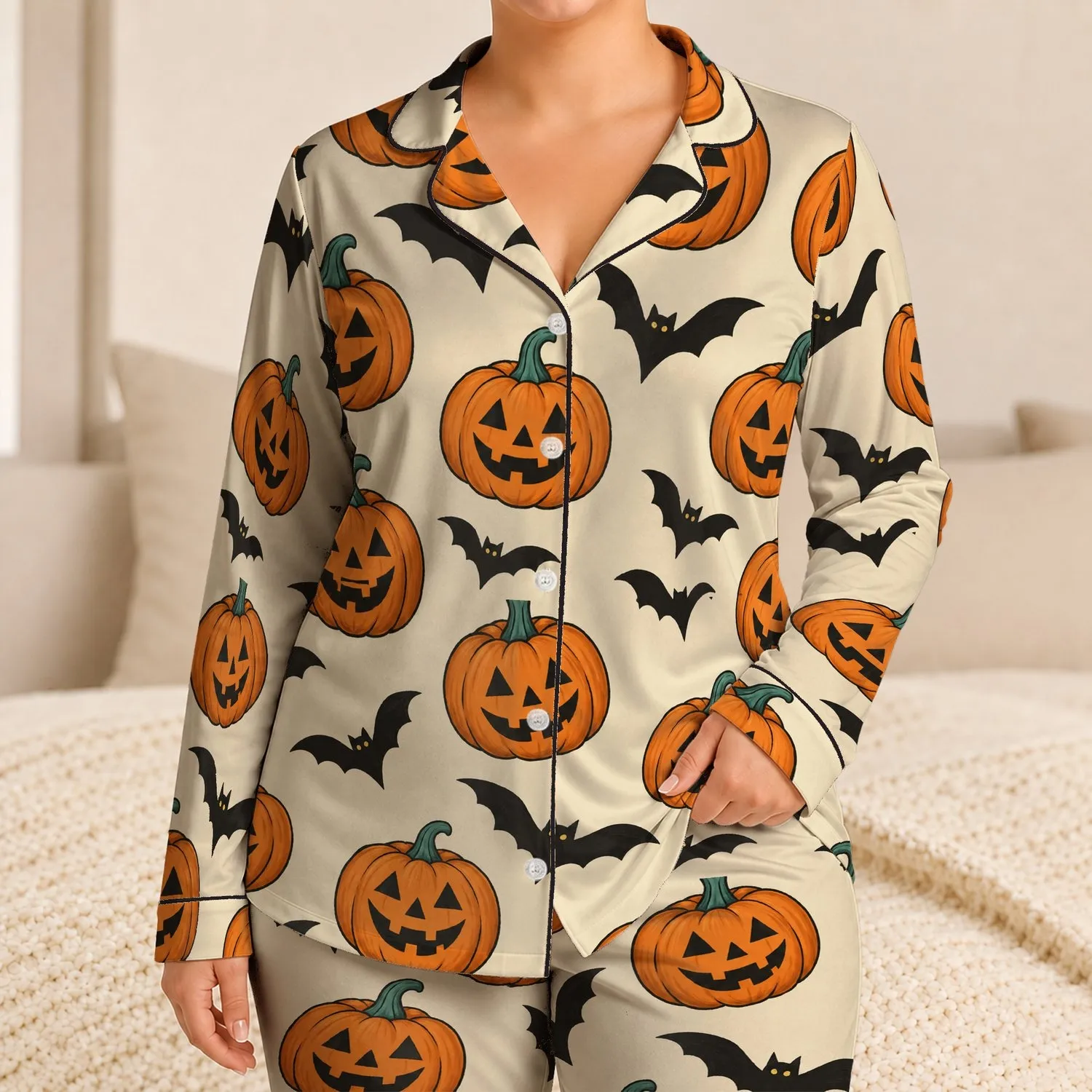 Cheerful Jack-O’-Lanterns And Bats For Cozy Halloween Evenings At Home And Celebrations Satin Pajamas Set - 1