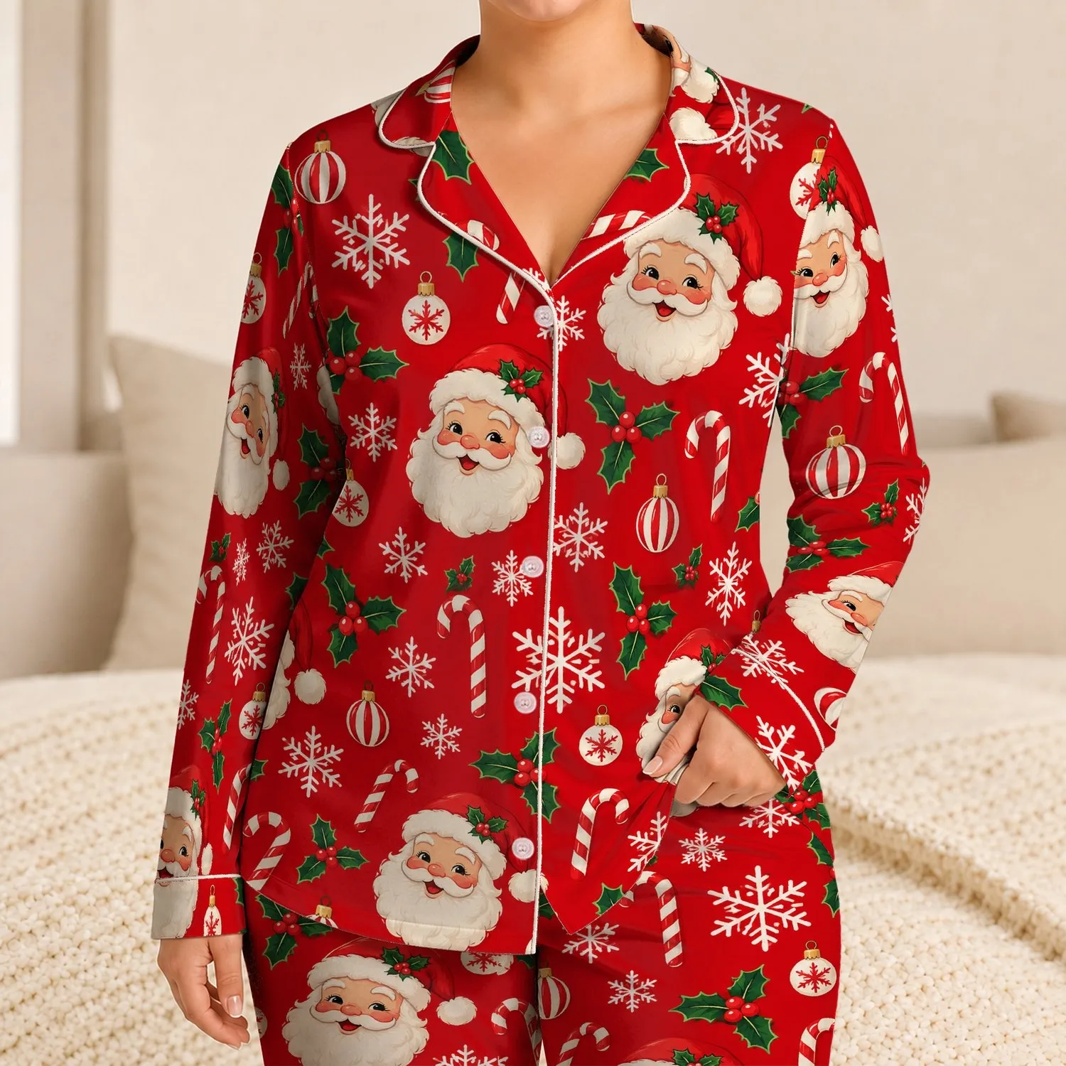 Santa Claus, Holly And Snowflakes For Cozy Christmas Holiday Mornings Satin Pajamas Set - 1