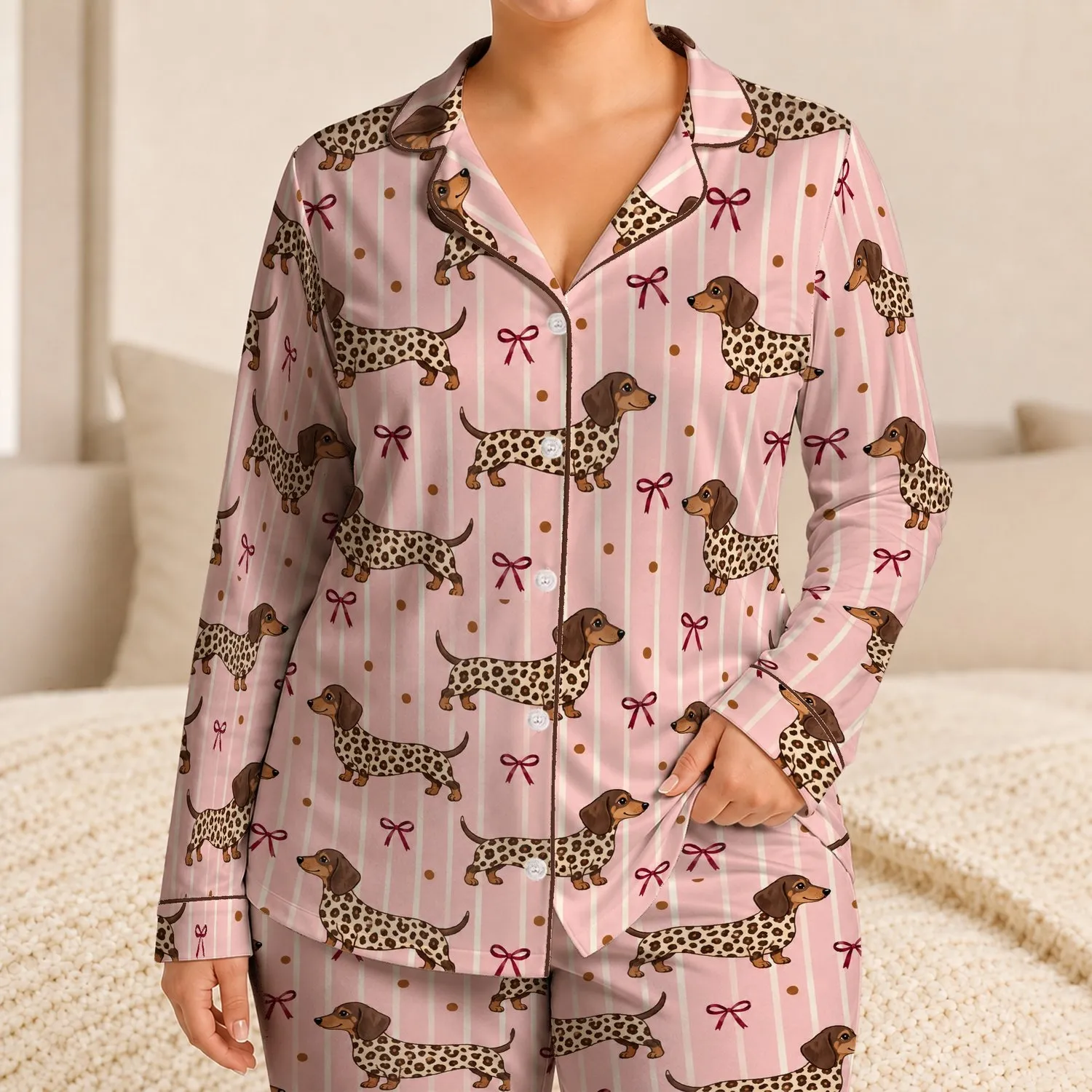 Cute Leopard Dachshund Bow Motifs for Cozy Nights and Charming Gift Giving at Home Satin Pajamas Set - 1