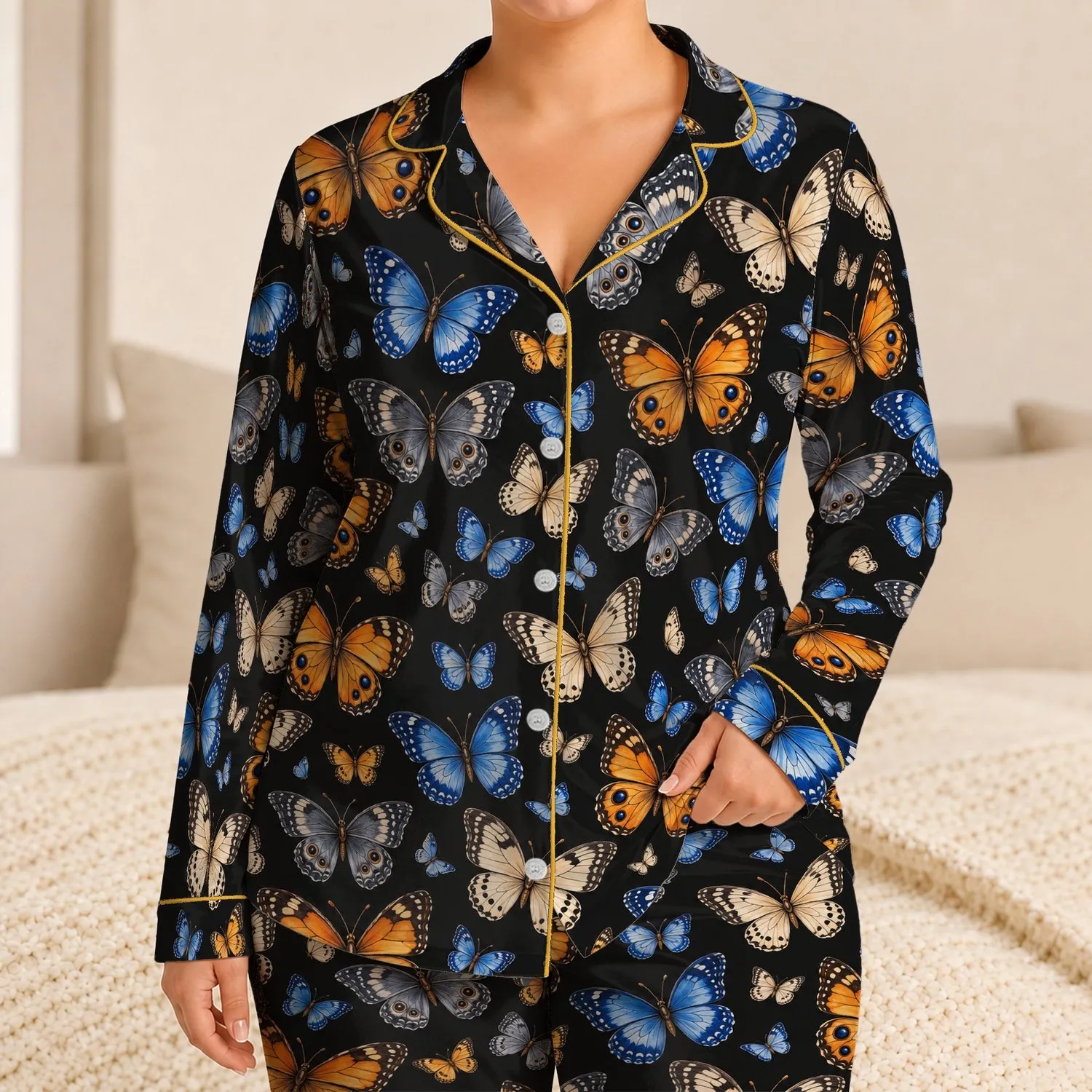 Colorful Butterfly Motifs for Elegant Evening Lounging and Relaxed Weekend Moments Satin Pajamas Set - 1