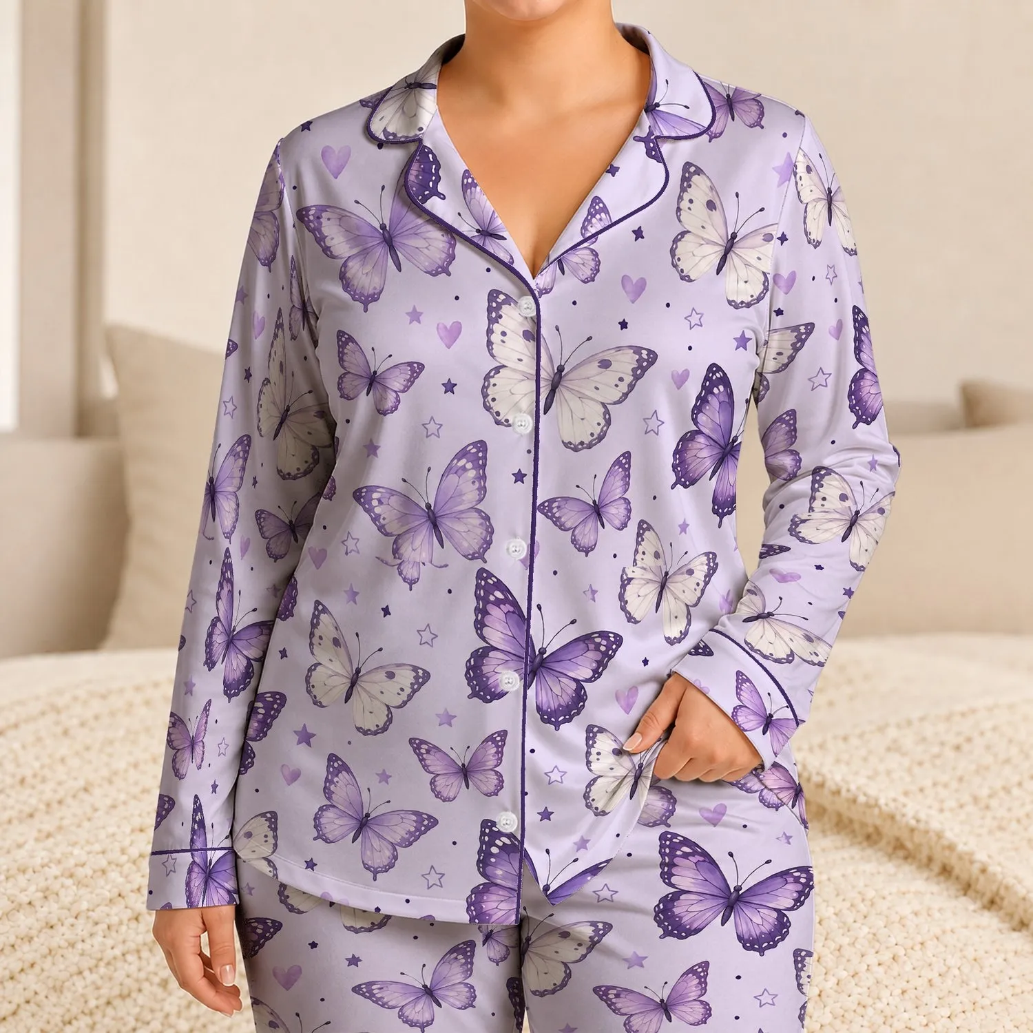 Lavender Butterflies and Celestial Accents for Dreamy Evenings and Relaxed Lounging Satin Pajamas Set - 1