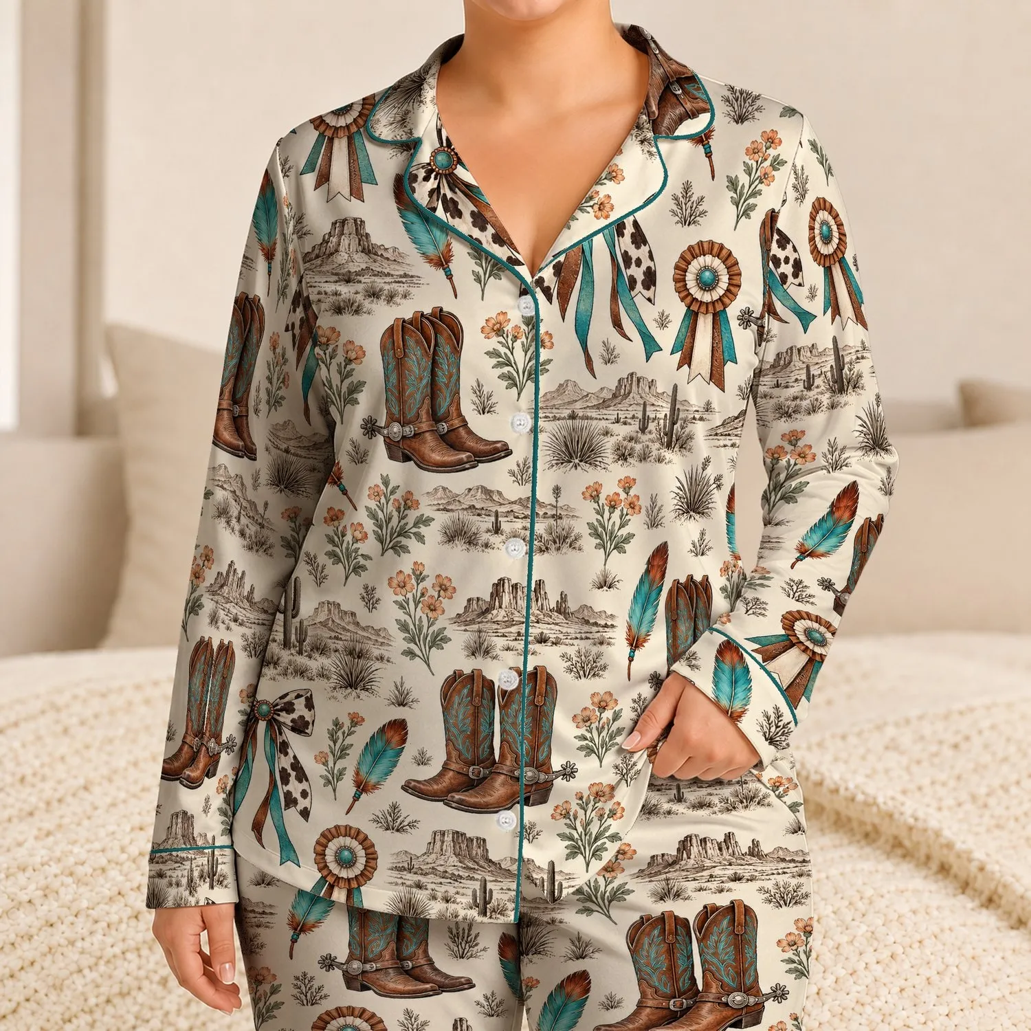 Cowboy Boots, Turquoise Feathers And Wildflowers For A Western-Inspired Getaway Satin Pajamas Set - 1