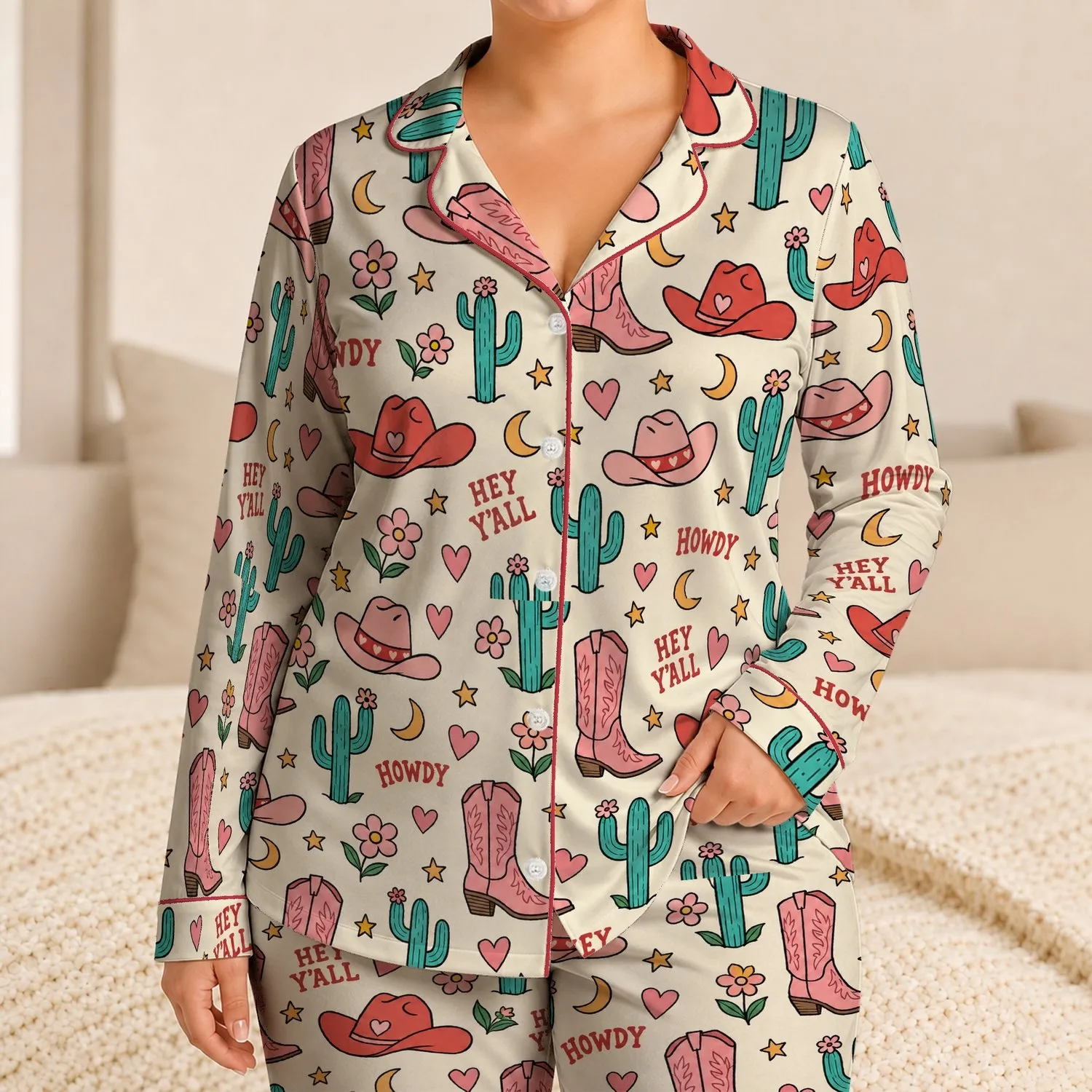 Western Boots, Cowgirl Hats and Cactus for Cozy Ranch Weekends and Country Style Satin Pajamas Set - 1