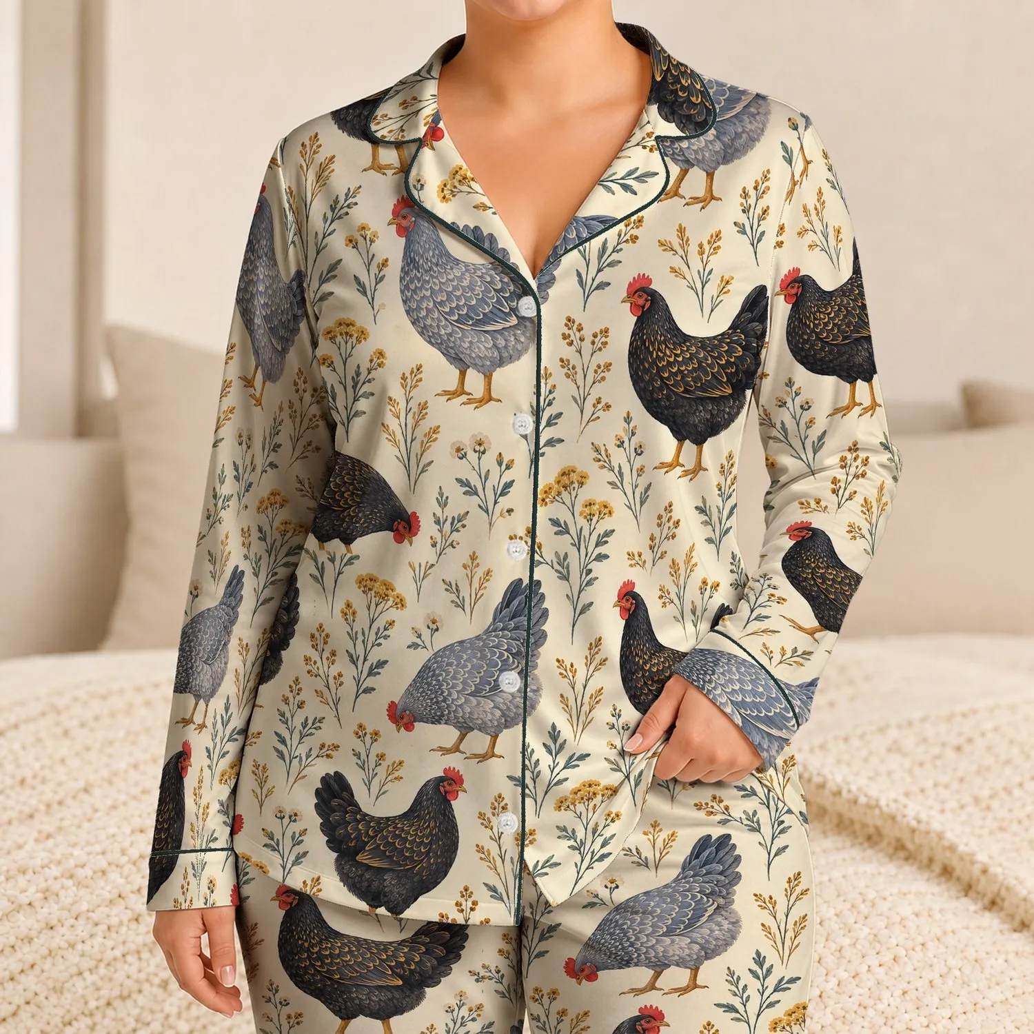Pastoral Speckled Hens and Meadow Sprigs for Cozy Country Mornings and Cottage Living Satin Pajamas Set - 1