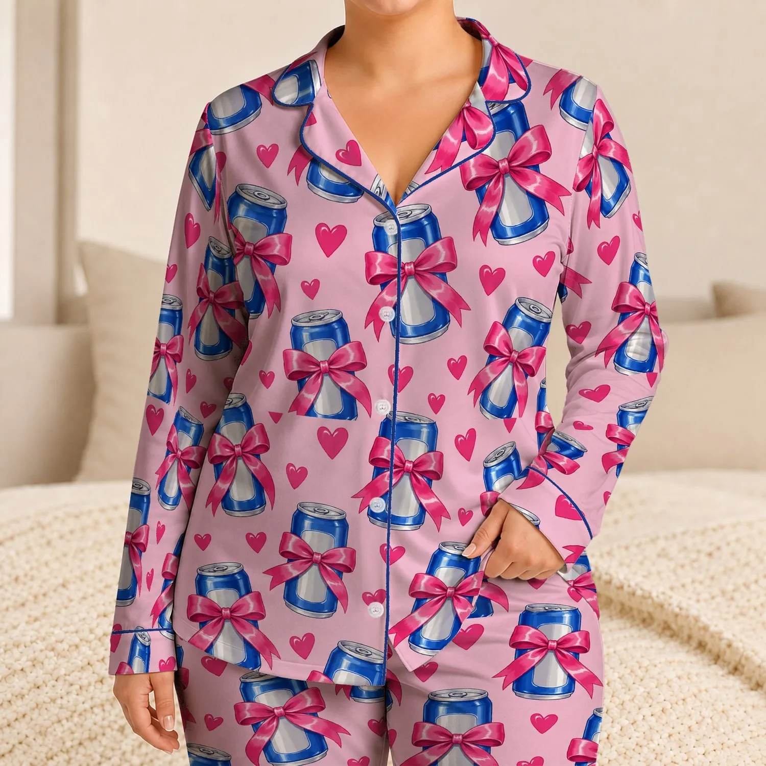 Blue Drink Cans With Pink Bows And Hearts For Cozy Giftable Lounging Satin Pajamas Set - 1