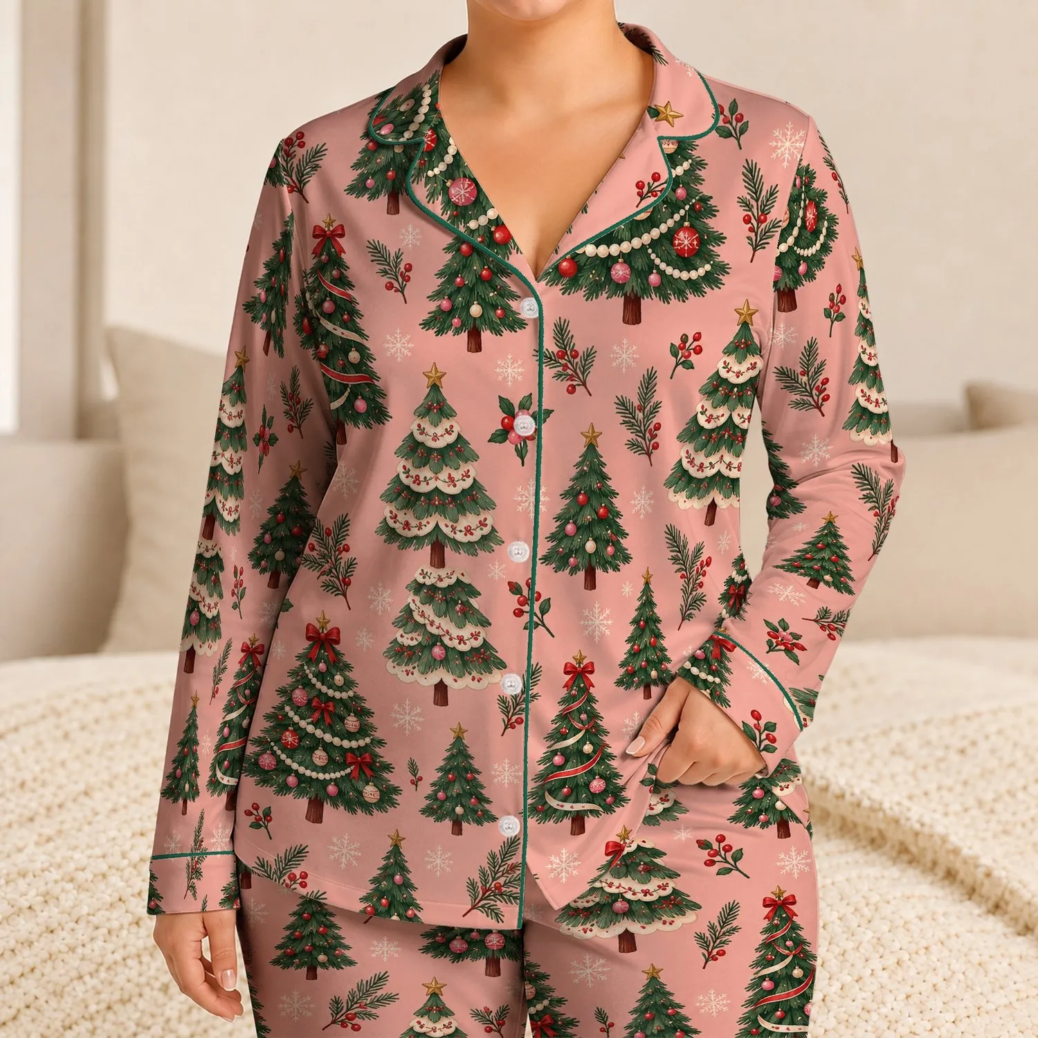 Blush Christmas Trees for Cozy Winter Evenings, Holiday Cheer and Festive Gifting at Home Satin Pajamas Set - 1