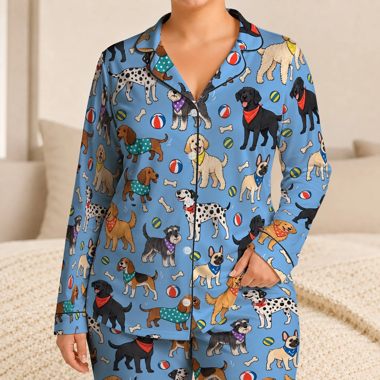 Playful Dogs and Colorful Toys for Cozy Lounging and Relaxed Evenings Satin Pajamas Set - 1