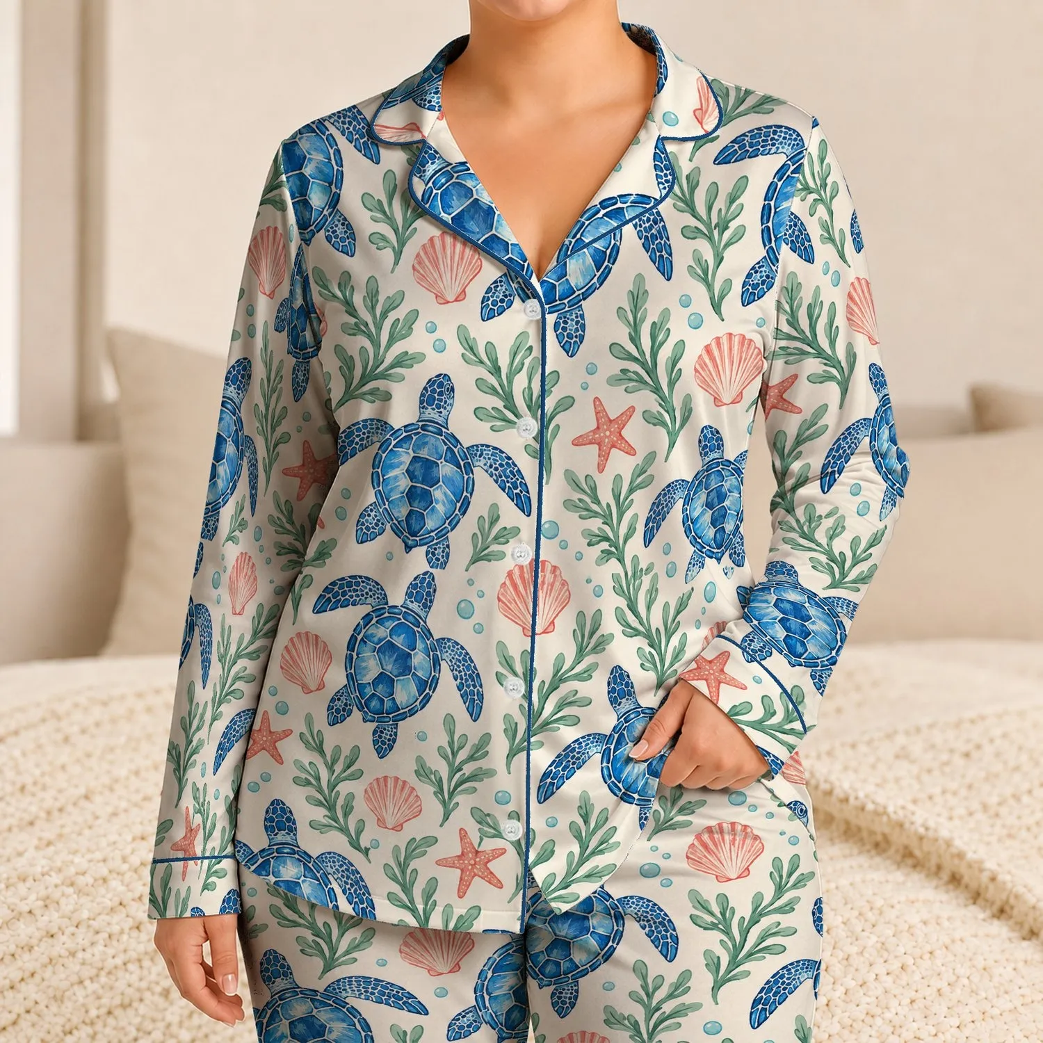 Sea Turtle And Seaweed Coastal Motif For Relaxing Summer Evenings By The Shore Satin Pajamas Set - 1