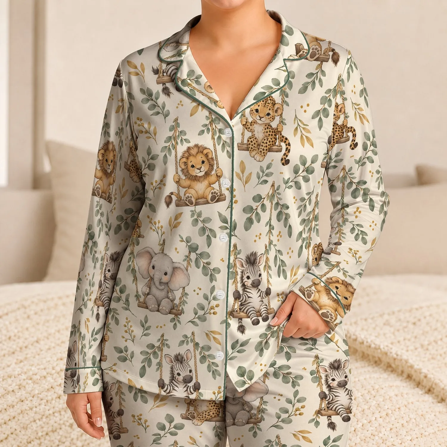 Swinging Safari Baby Animals for Cozy Springtime Lounging and Gentle Evenings Satin Pajamas Set - 1