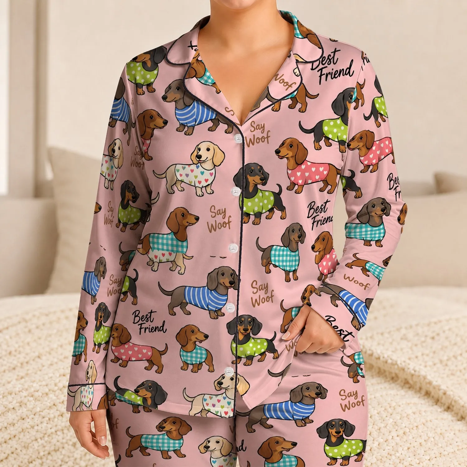 Playful Dachshund Friends for Cozy Nights and Dog Lover Relaxation at Home Gift Satin Pajamas Set - 1