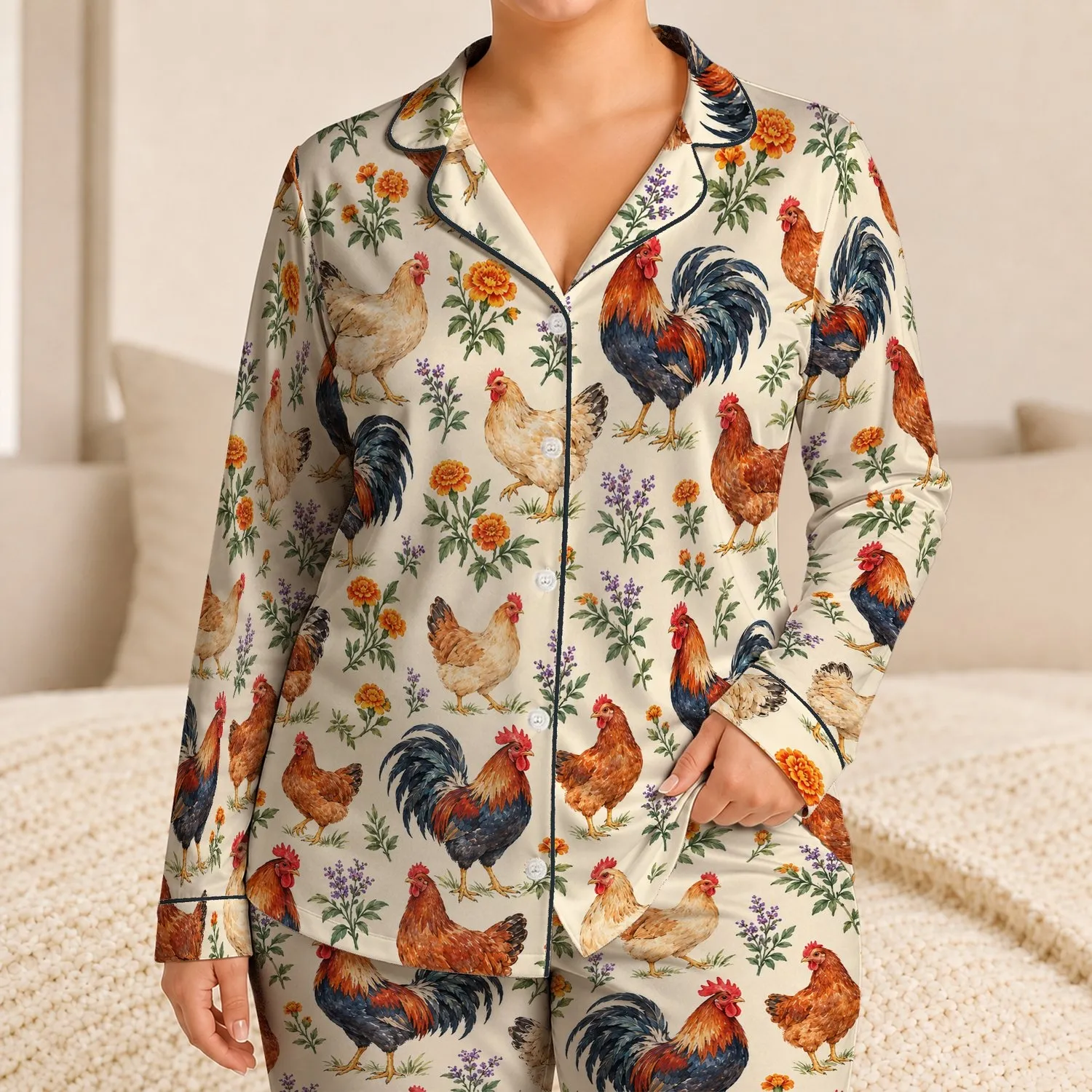 Watercolor Chickens and Roosters for Cozy Country Home Relaxation Satin Pajamas Set - 1