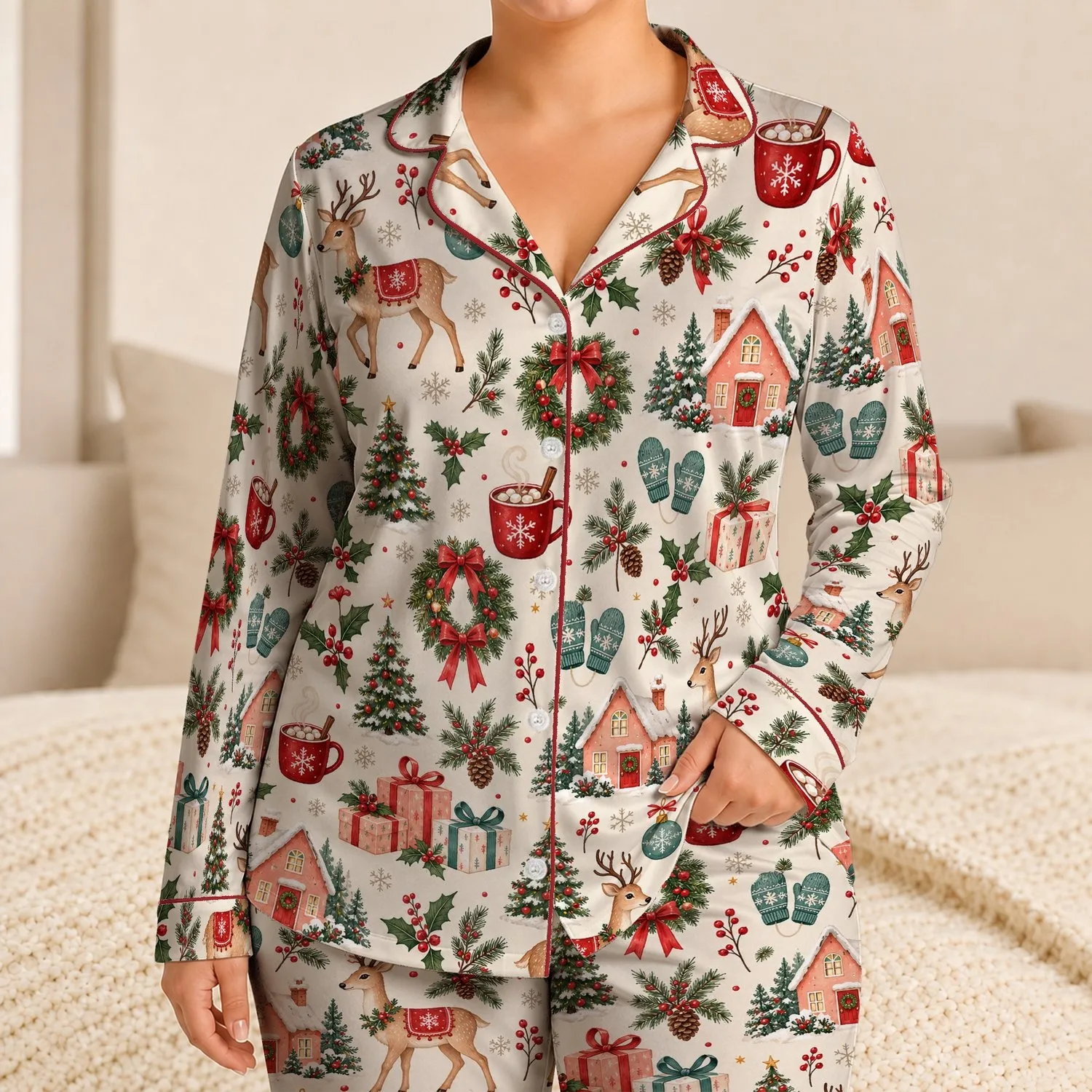 Christmas Deer and Cozy Holiday Gifts for Cheerful Festive Winter Mornings at Home Satin Pajamas Set - 1