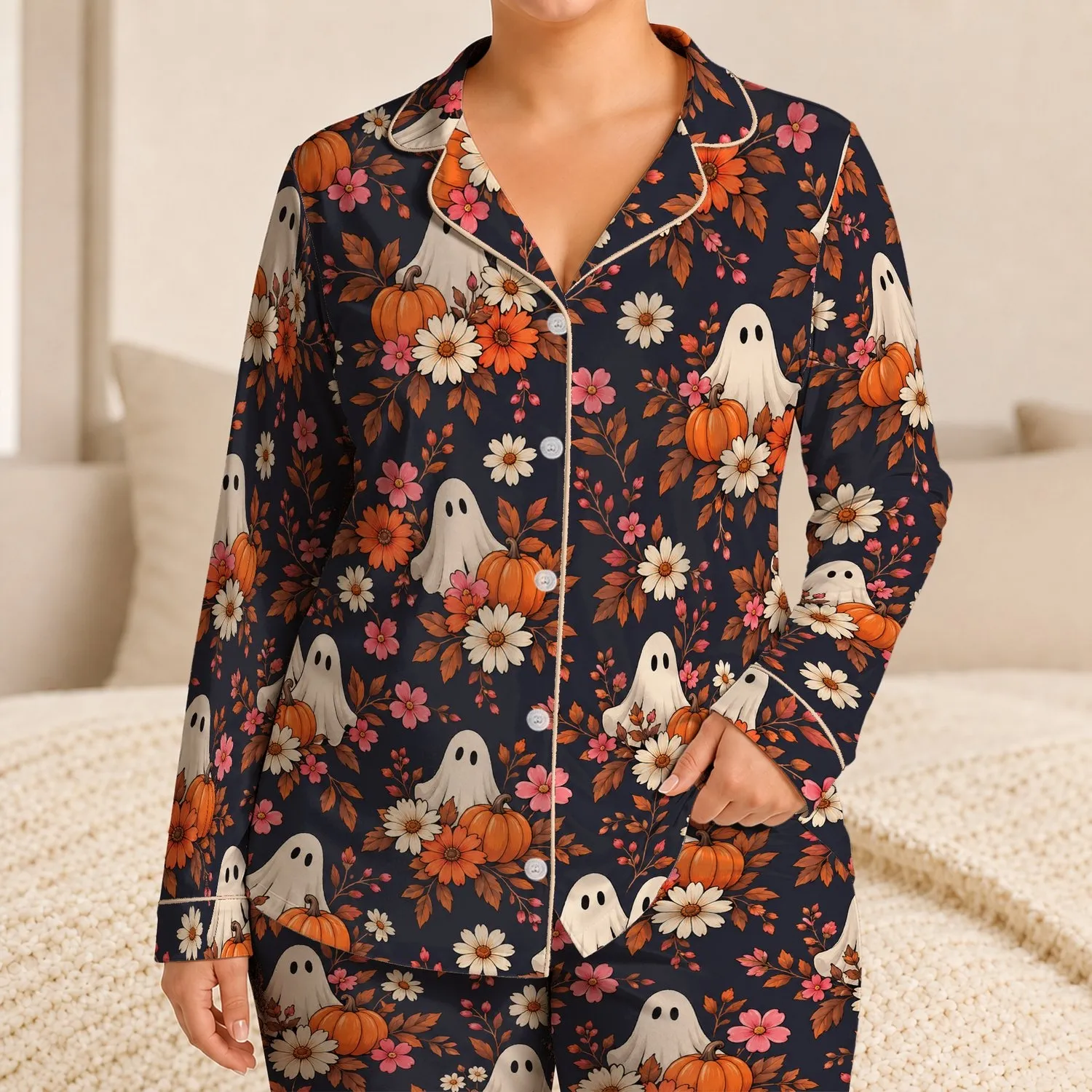 Friendly Ghosts, Pumpkins And Autumn Blooms For Cozy Halloween Evenings At Home For Her Satin Pajamas Set - 1