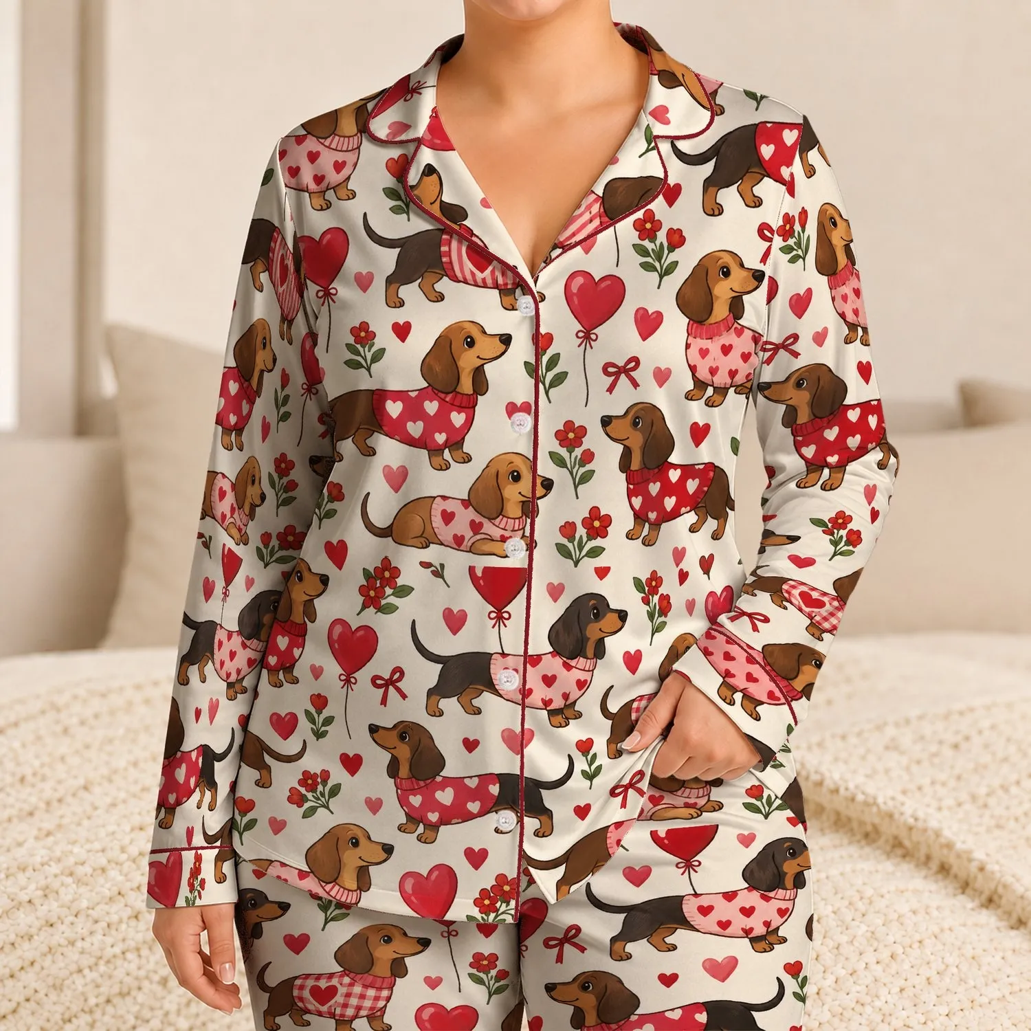 Heart Sweater Dachshunds for Valentine Cheer and Cozy Everyday Lounging Satin Pajamas Set - 1