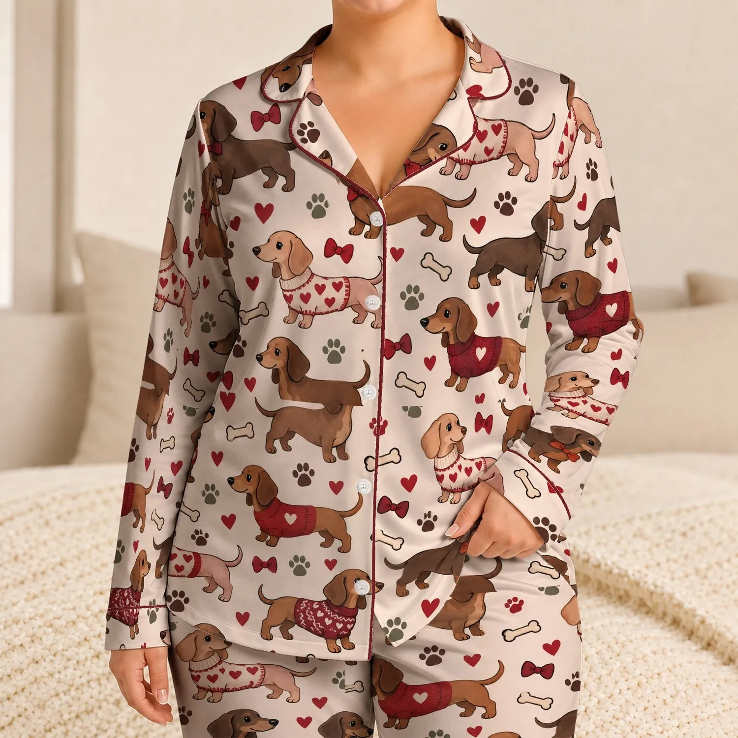 Cartoon Dachshunds with Hearts and Bones for Cozy Lounging and Dog Lovers Satin Pajamas Set - 1