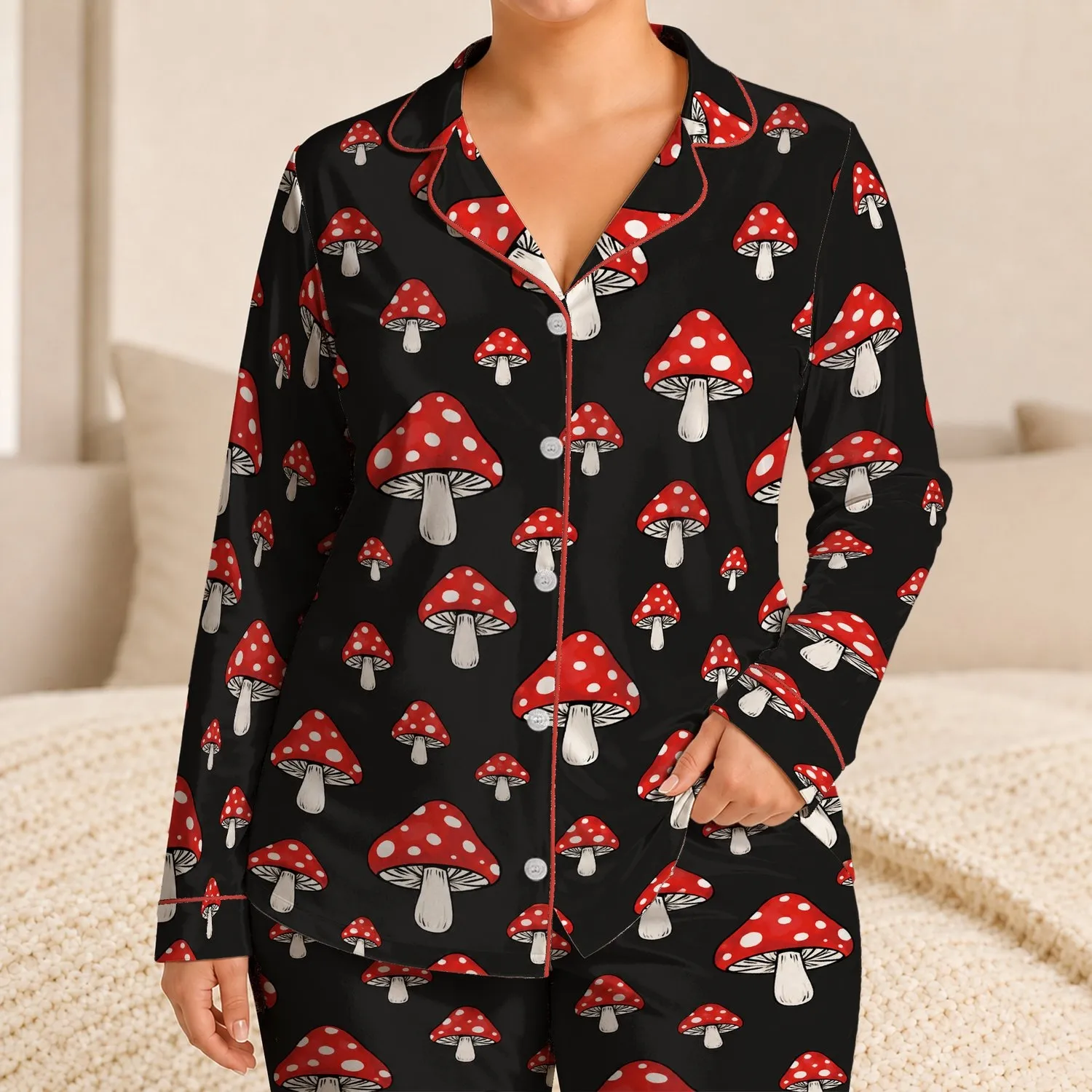 Red Mushroom Motifs for Cozy Nighttime Lounging, Cottagecore Gifts for Fungi Lovers Satin Pajamas Set - 1