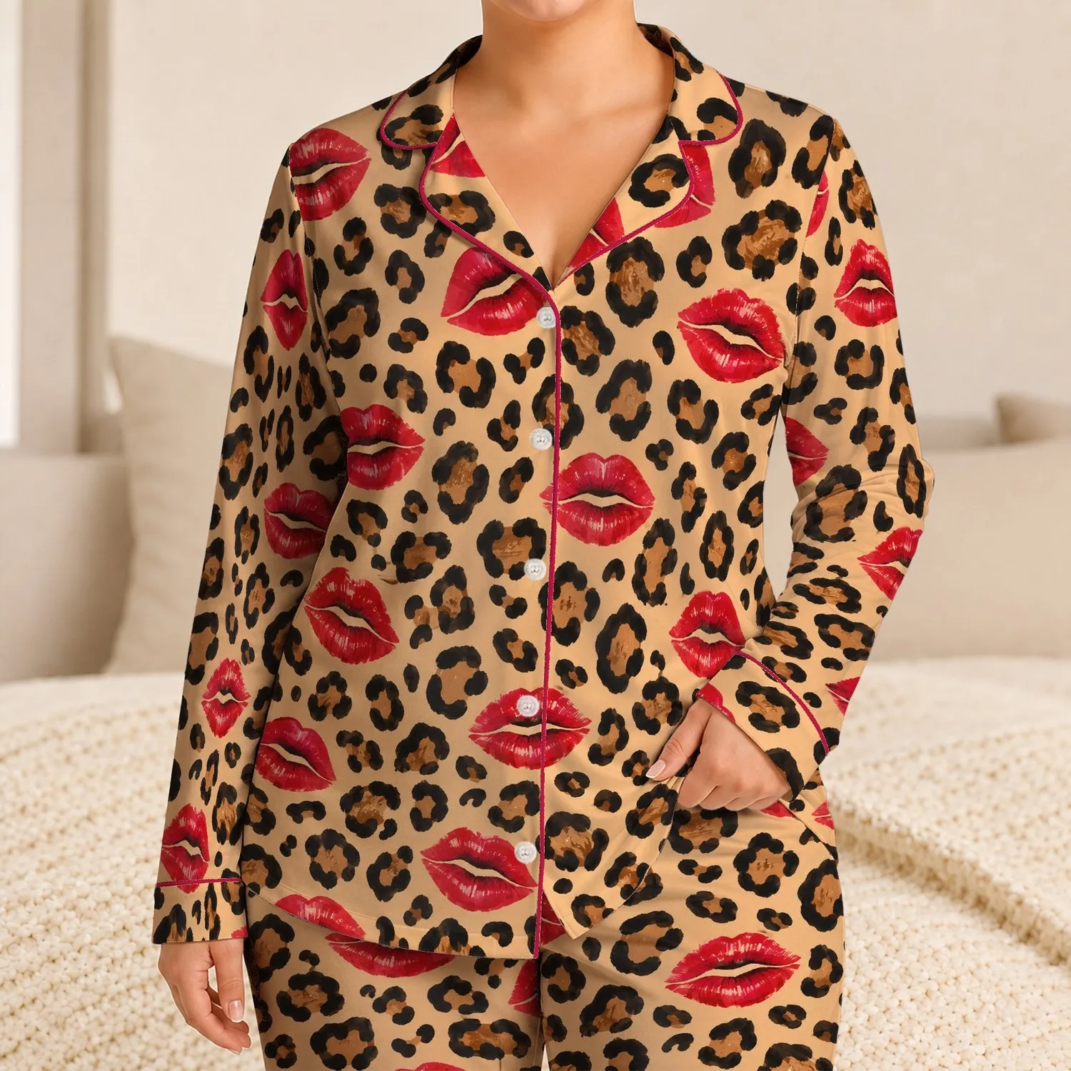 Leopard Spots And Raspberry Lip Marks For Playful At-Home Evenings And Weekend Lounging Satin Pajamas Set - 1
