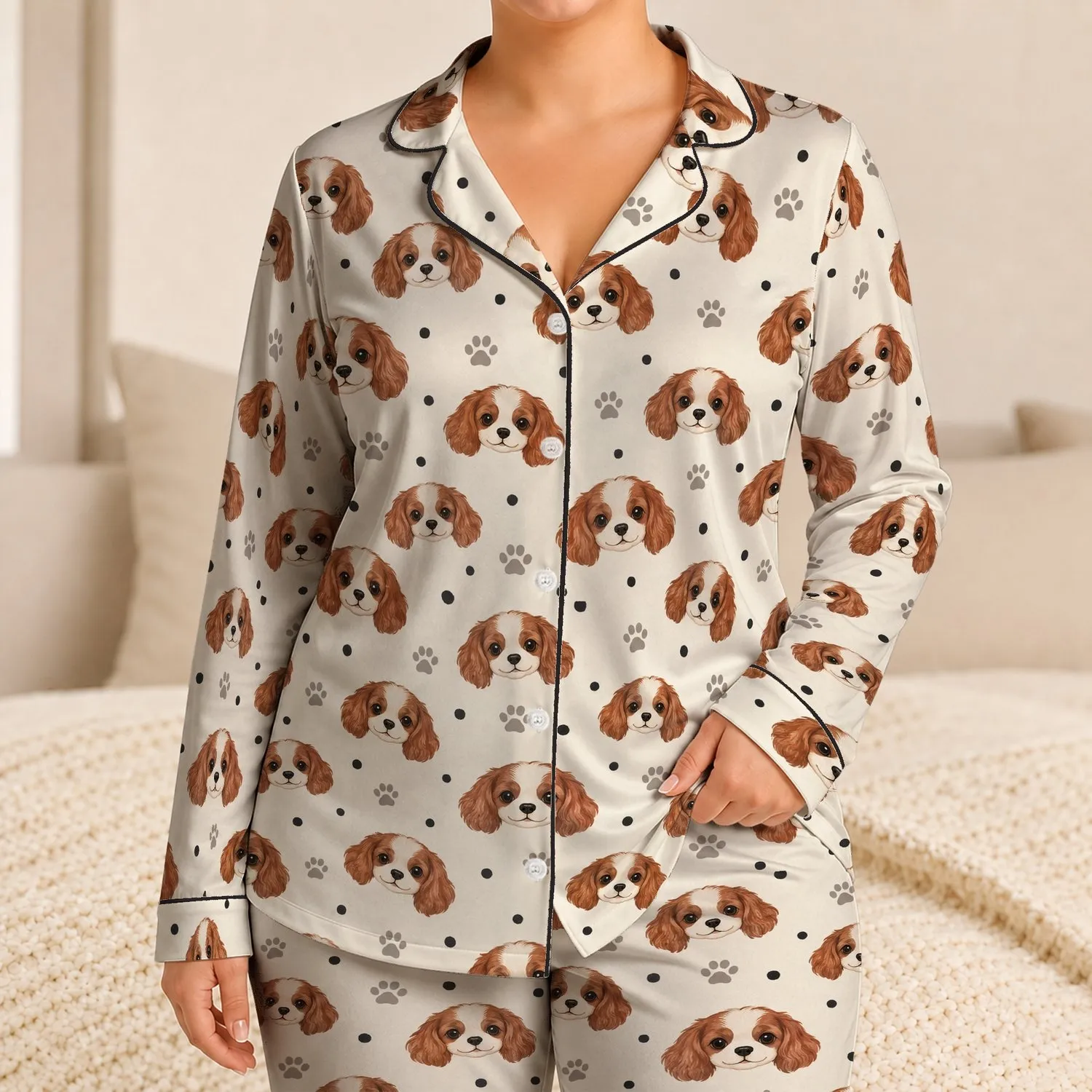 Sweet Floppy-Eared Dog Faces for Cozy Lounging and Relaxed Weekends at Home All Year Satin Pajamas Set - 1