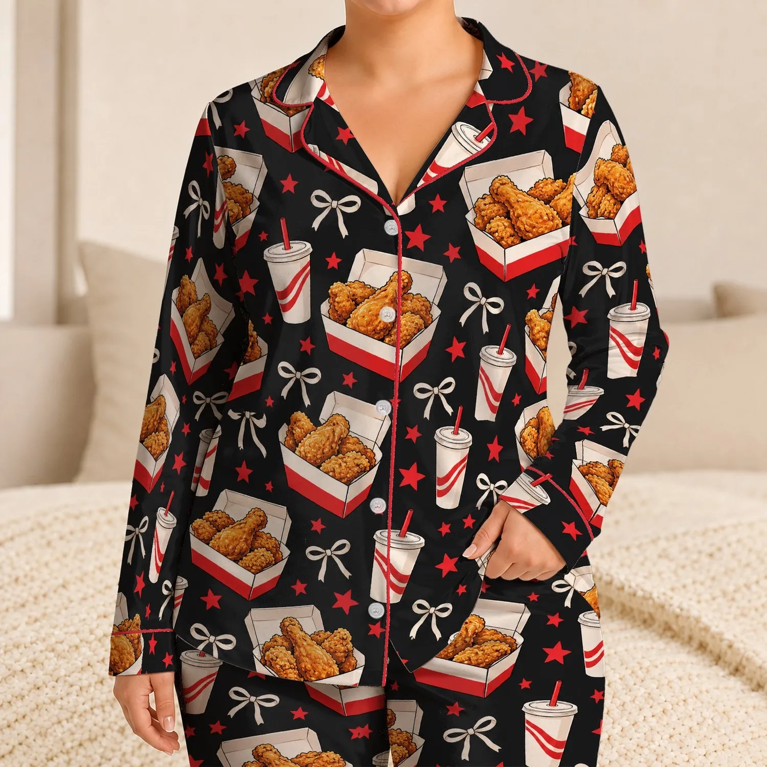 Fried Chicken And Soda Icons For Cozy Movie Nights And Food Lover Gift Giving Satin Pajamas Set - 1