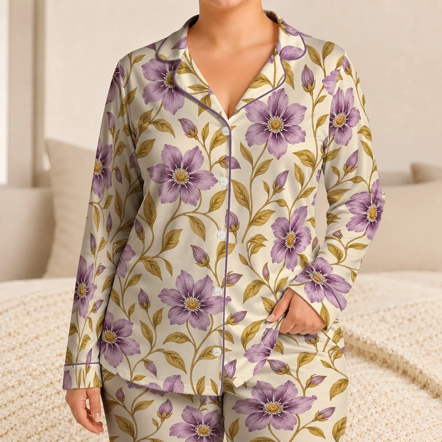 Lavender Vine Blossoms for Relaxed Evenings and Thoughtful Gifts for Women at Home Satin Pajamas Set - 1