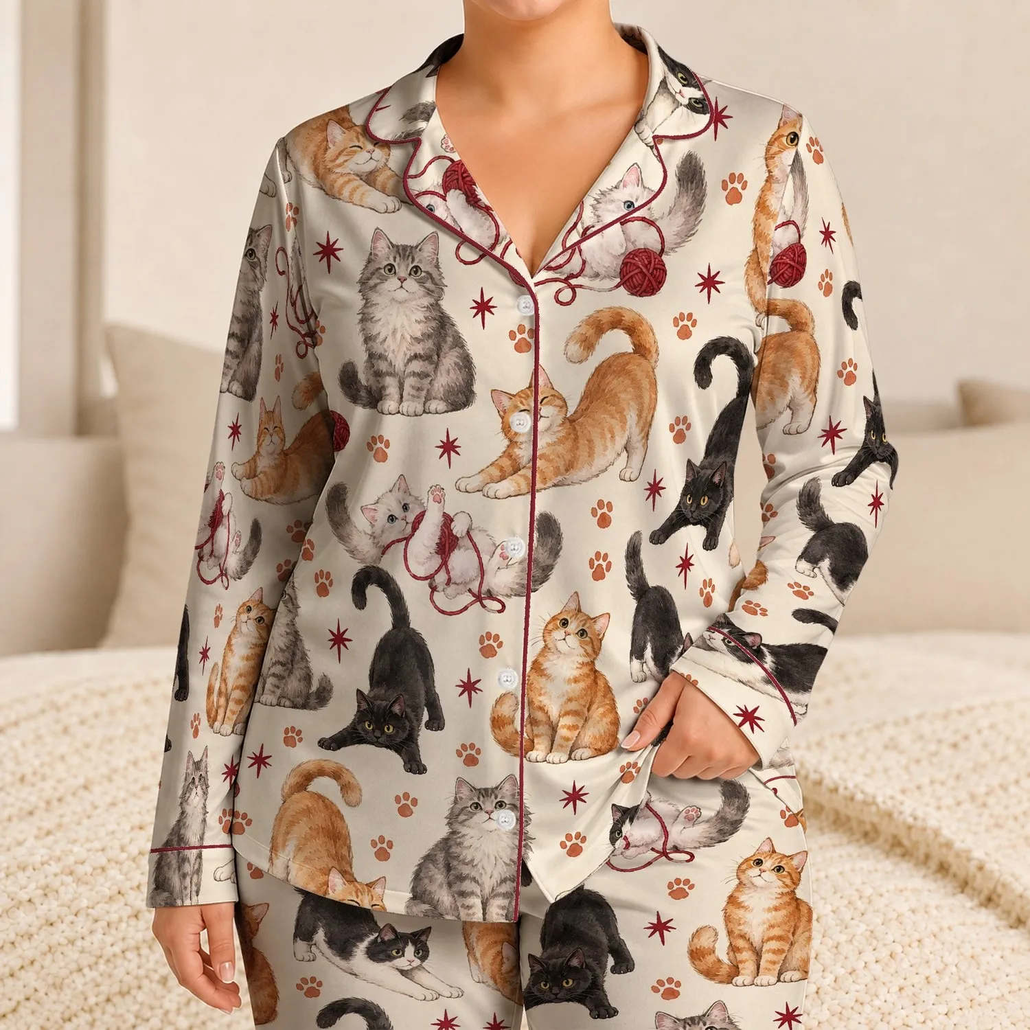 Watercolor Cats and Playful Yarn for Cozy Evenings and Relaxed Home Lounging Satin Pajamas Set - 1