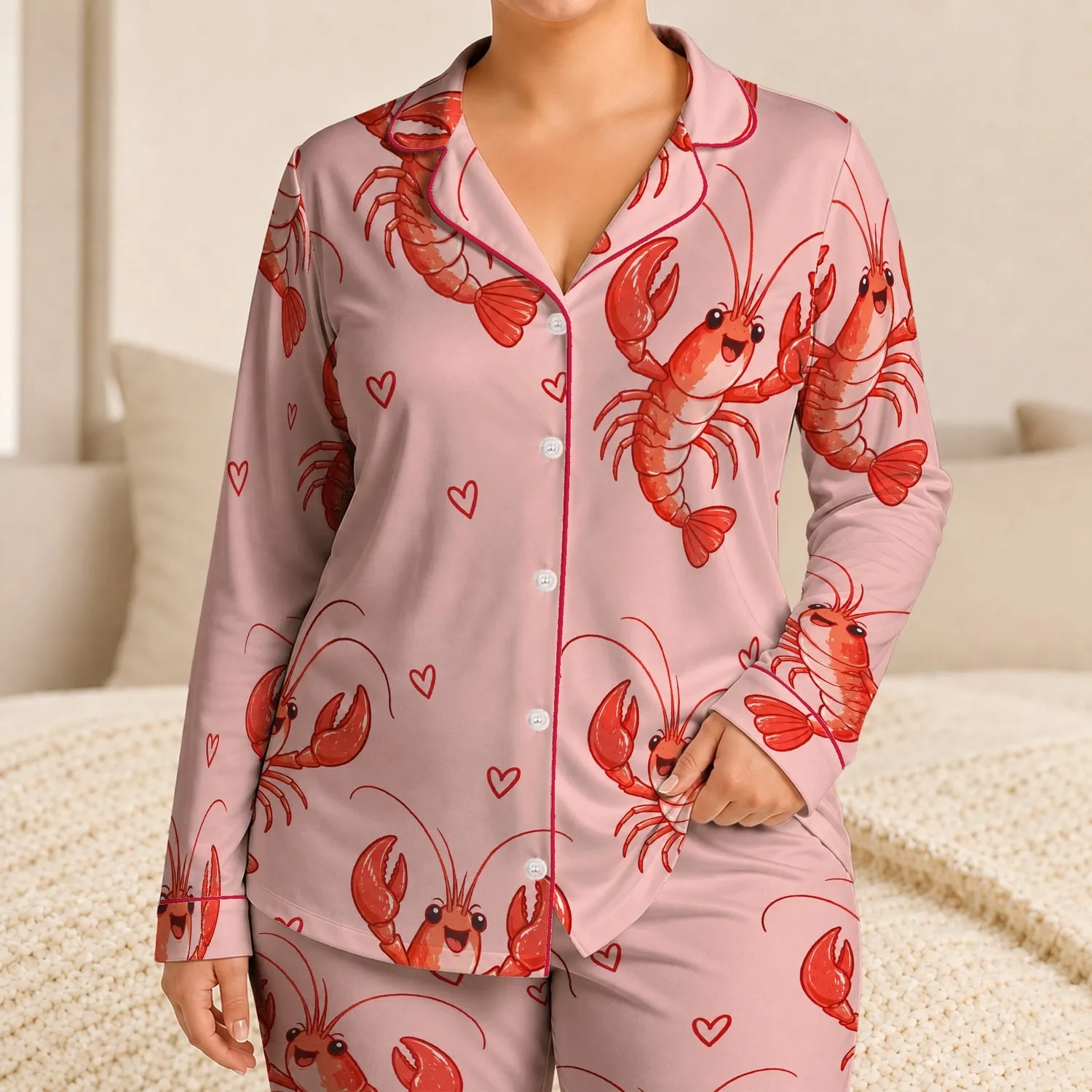 Cute Red Shrimp and Hearts for Playful Coastal Lounging and Relaxed Evenings Satin Pajamas Set - 1