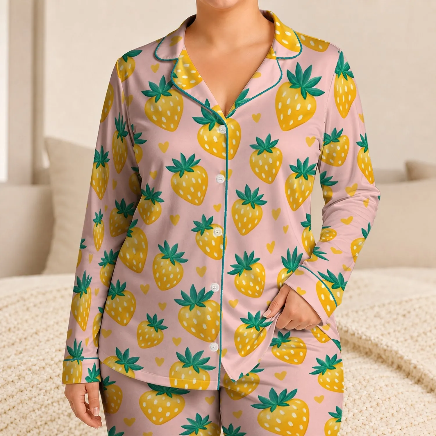 Golden Strawberry Motifs for Sweet Summer Lounging and Cozy Weekend Morning Gifts Satin Pajamas Set - 1
