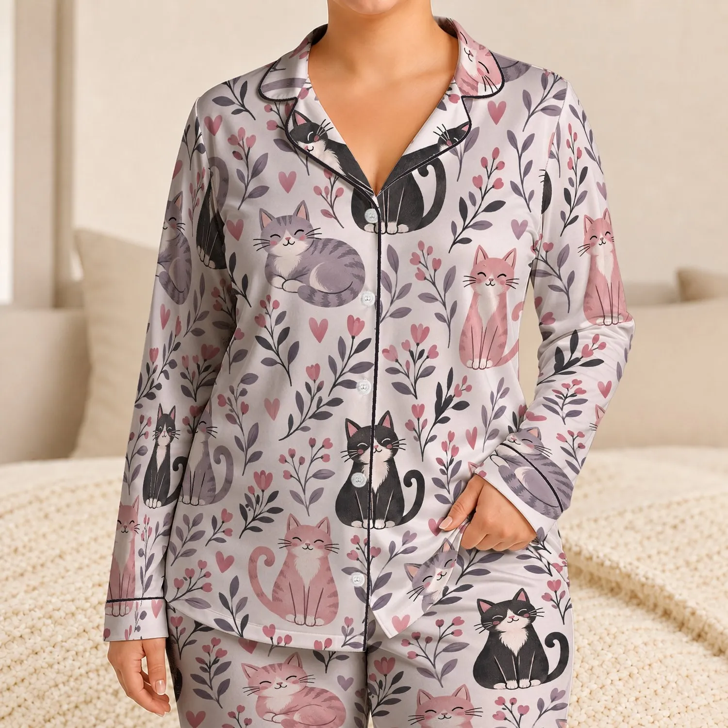 Cute Cat and Botanical Motifs for Birthday Gifting and Relaxed Lounging for Cat Lovers Satin Pajamas Set - 1