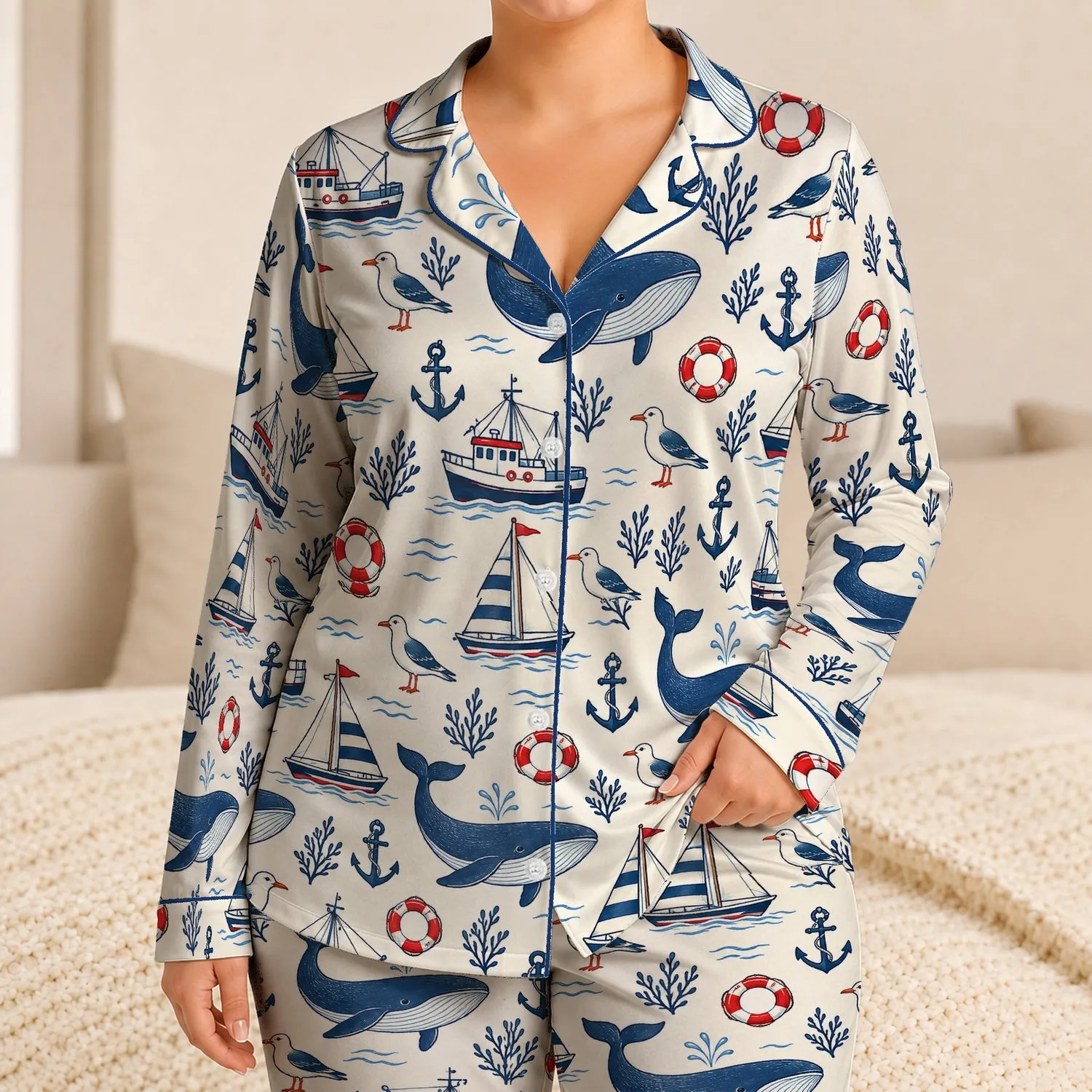 Blue Whale and Sailboat Ocean Motifs for Coastal Getaways and Relaxed Summer Lounging Satin Pajamas Set - 4pq1gahng7