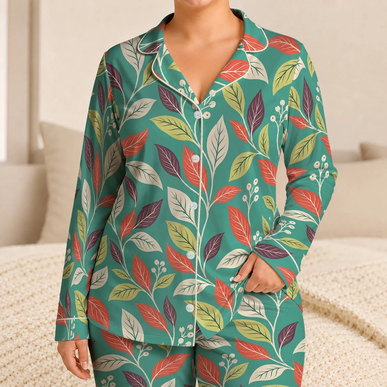 Sea Glass Vine and Leaf Botanical Motif for Relaxed Tropical Getaways Satin Pajamas Set - 1