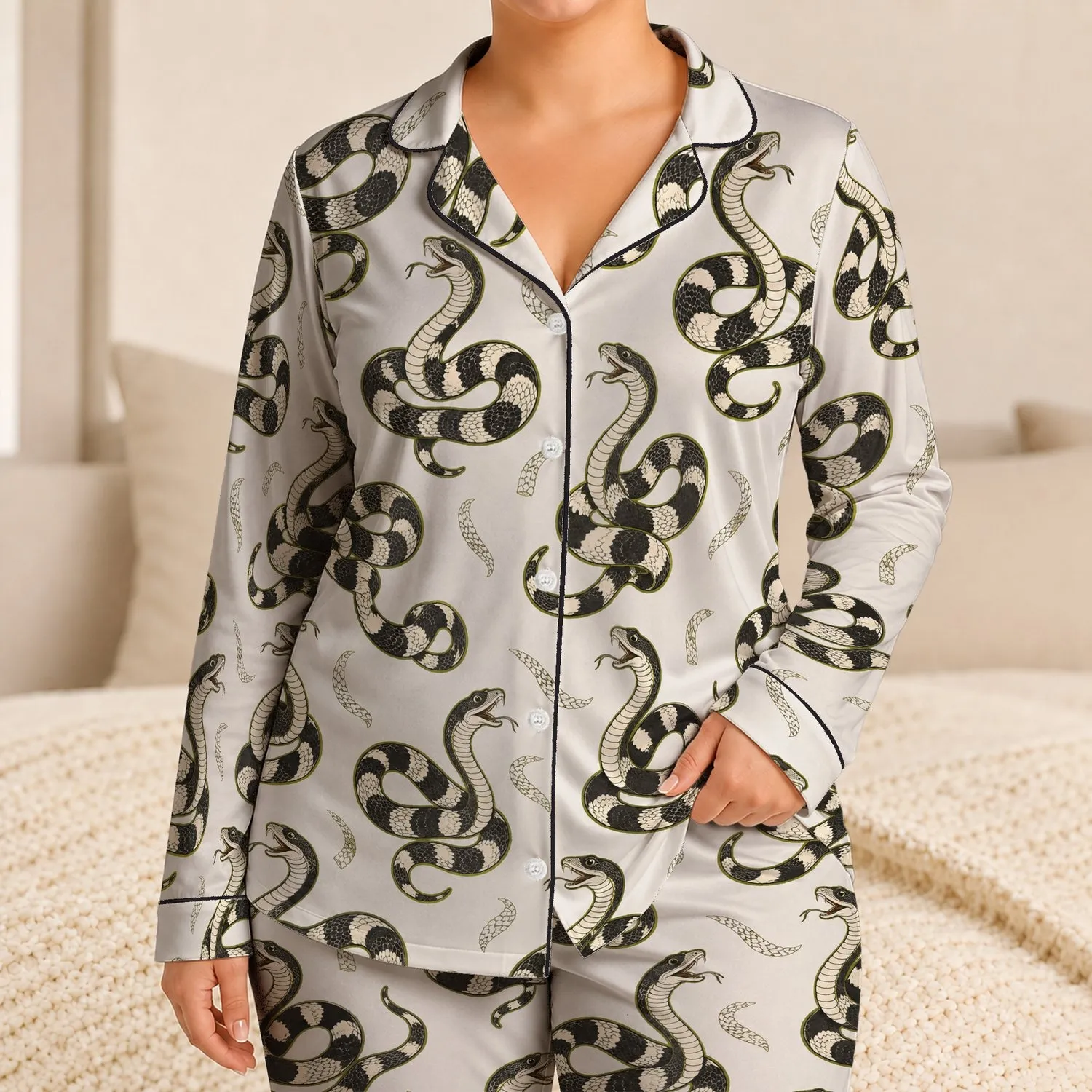 Coiled Black Snakes with Ivory Scales for Bold Relaxed Everyday Style Satin Pajamas Set - 1
