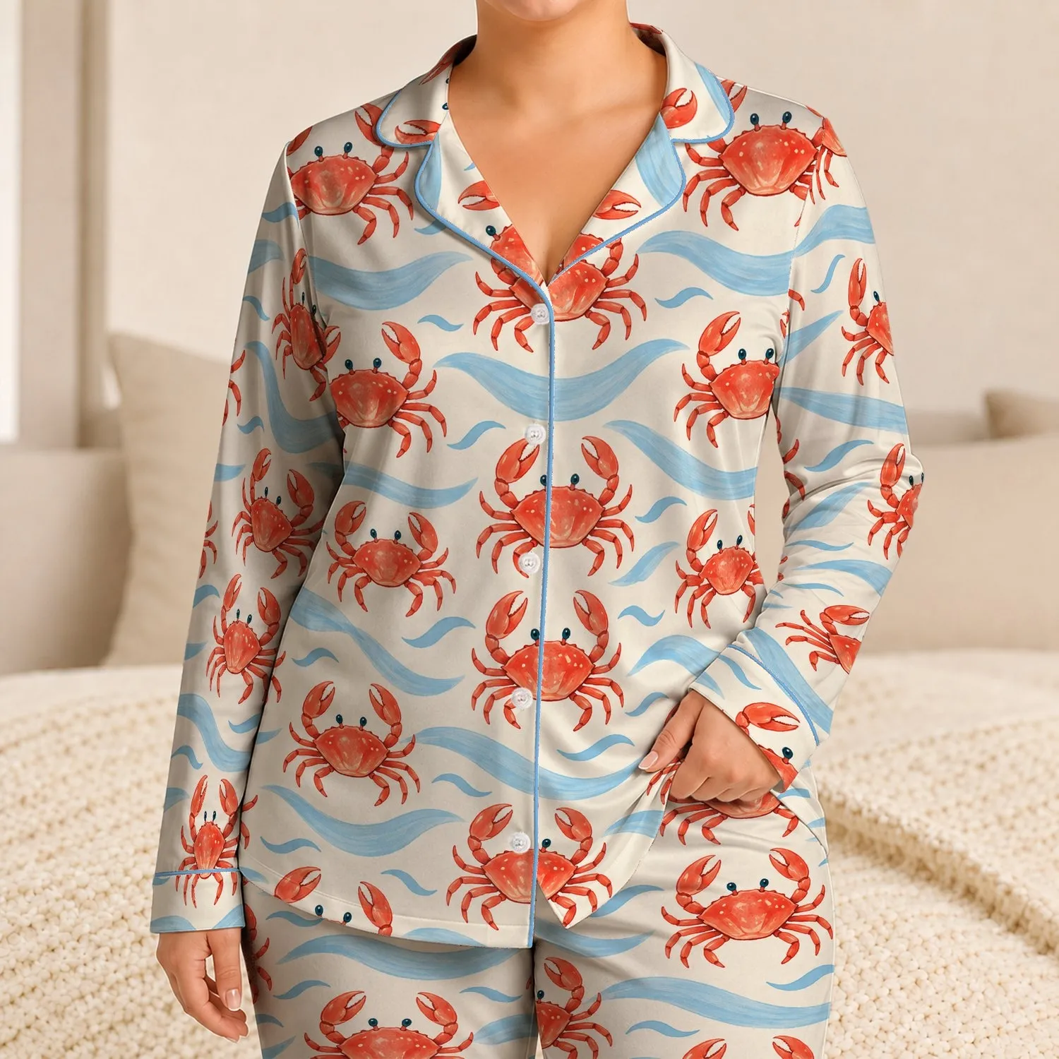 Coral Crab and Blue Tide Motifs for Breezy Coastal Getaways and Beachside Relaxation Satin Pajamas Set - 1