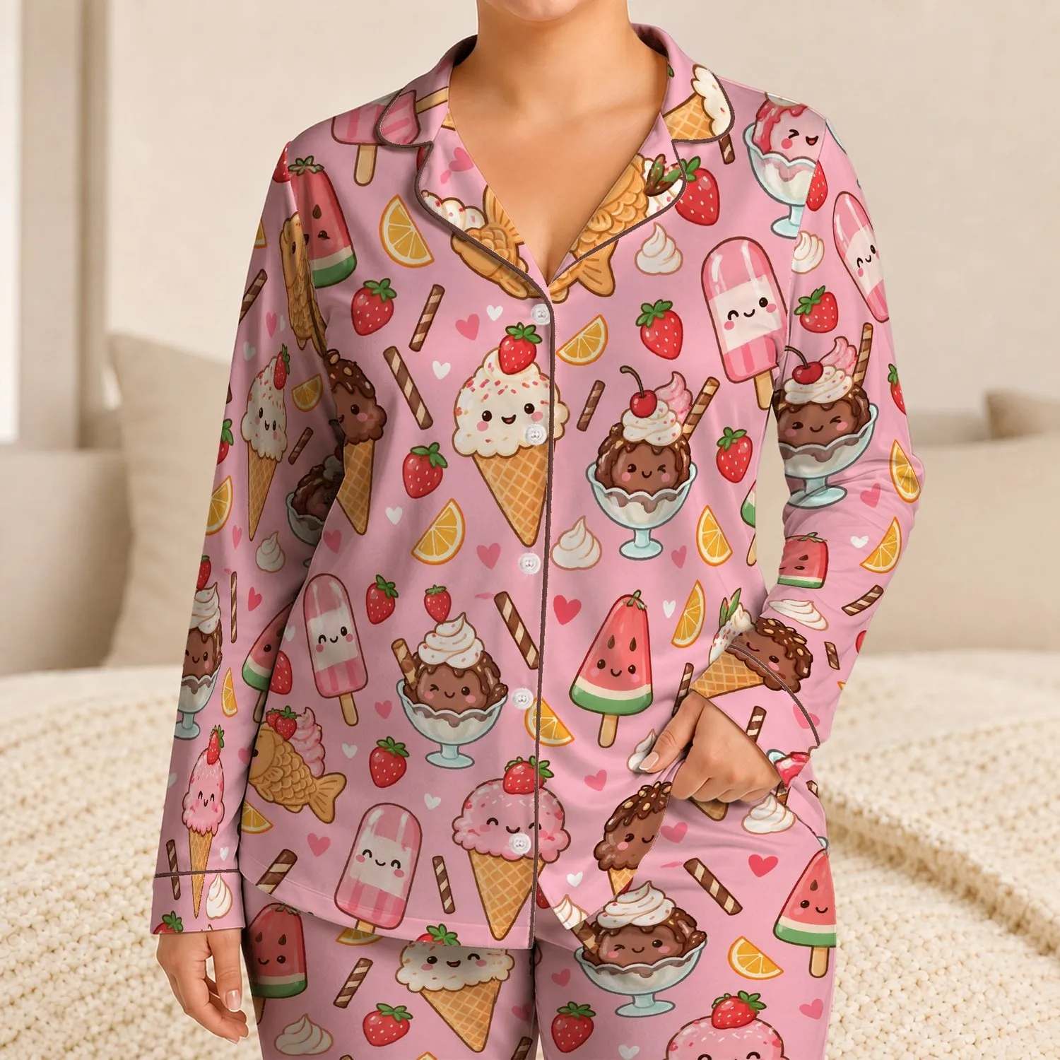 Cute Ice Cream Treats for Sweet Summer Escapes and Cozy Relaxing Evenings Satin Pajamas Set - 1