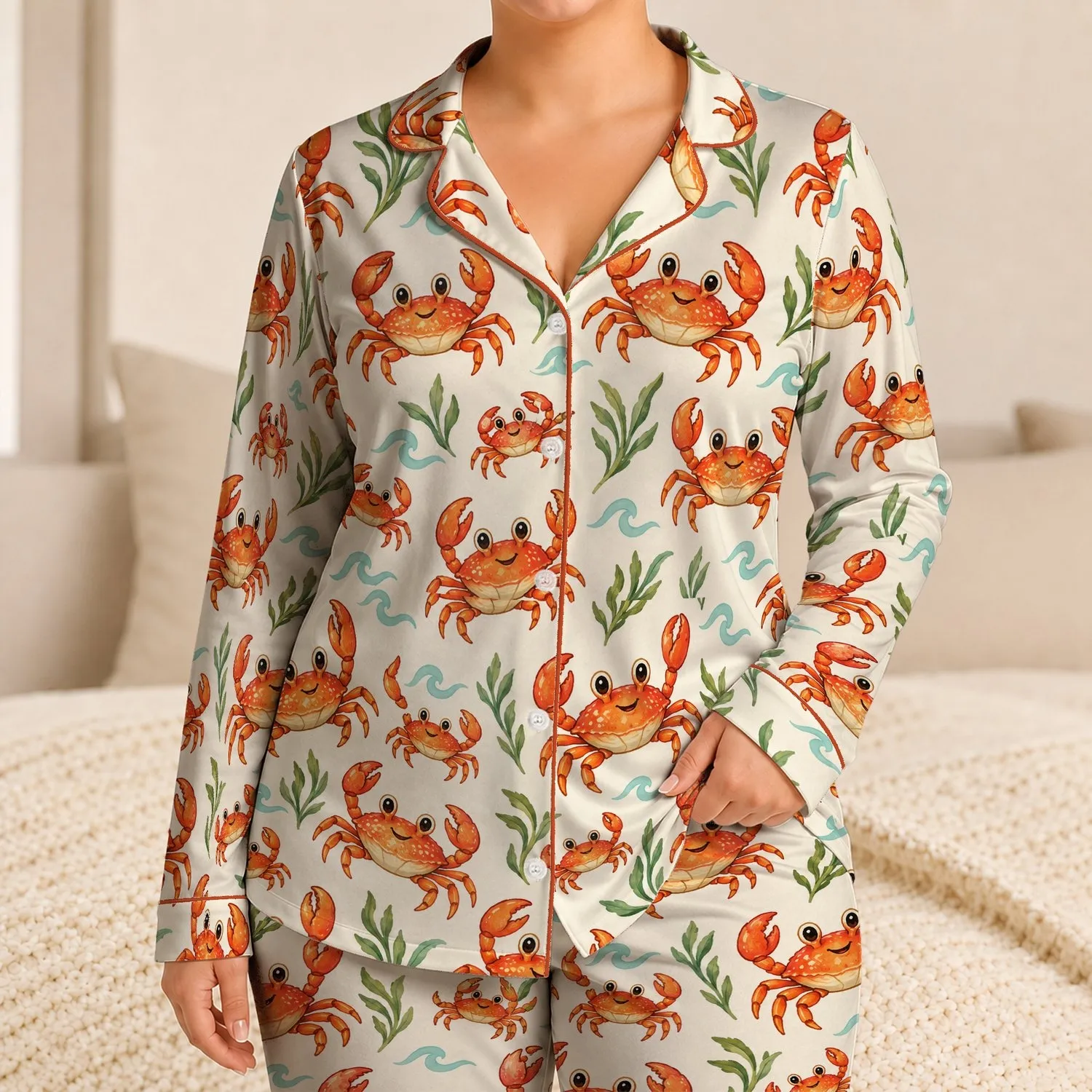 Cheerful Orange Crab Motif for Coastal Vacation and Beachside Leisure Satin Pajamas Set - 1