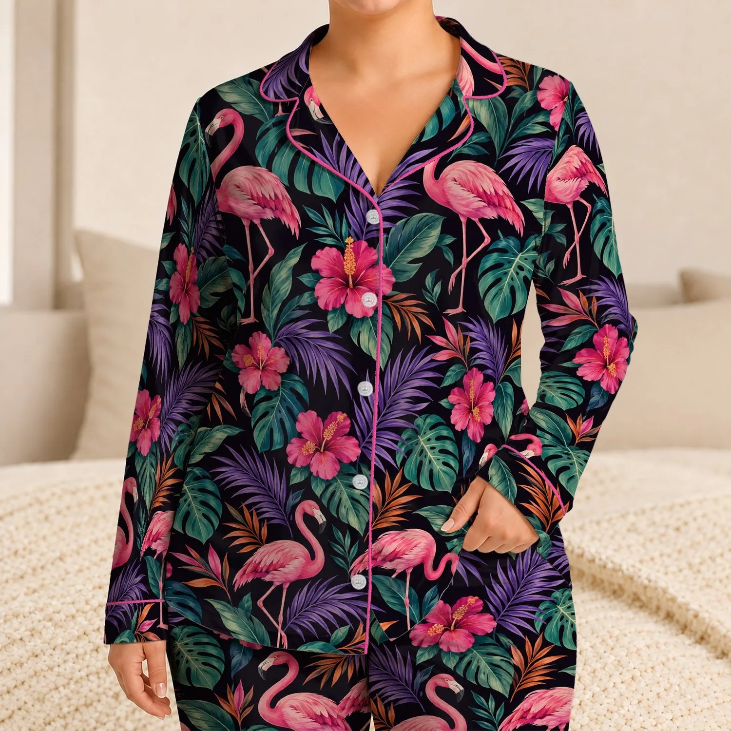 Pink Flamingo And Palm Leaf Tropical Escape For Relaxed Coastal Getaways All Year Satin Pajamas Set - 1