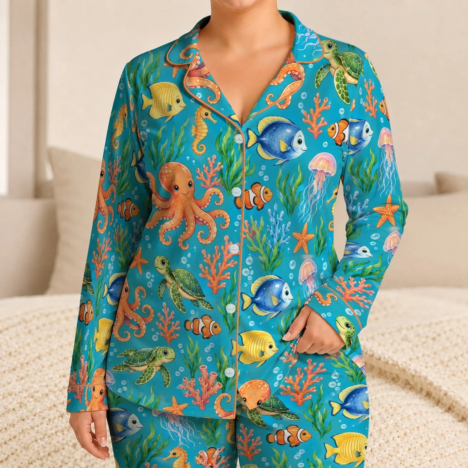 Colorful Octopus And Tropical Fish Underwater Scene For Relaxed Coastal Getaways Satin Pajamas Set - 1