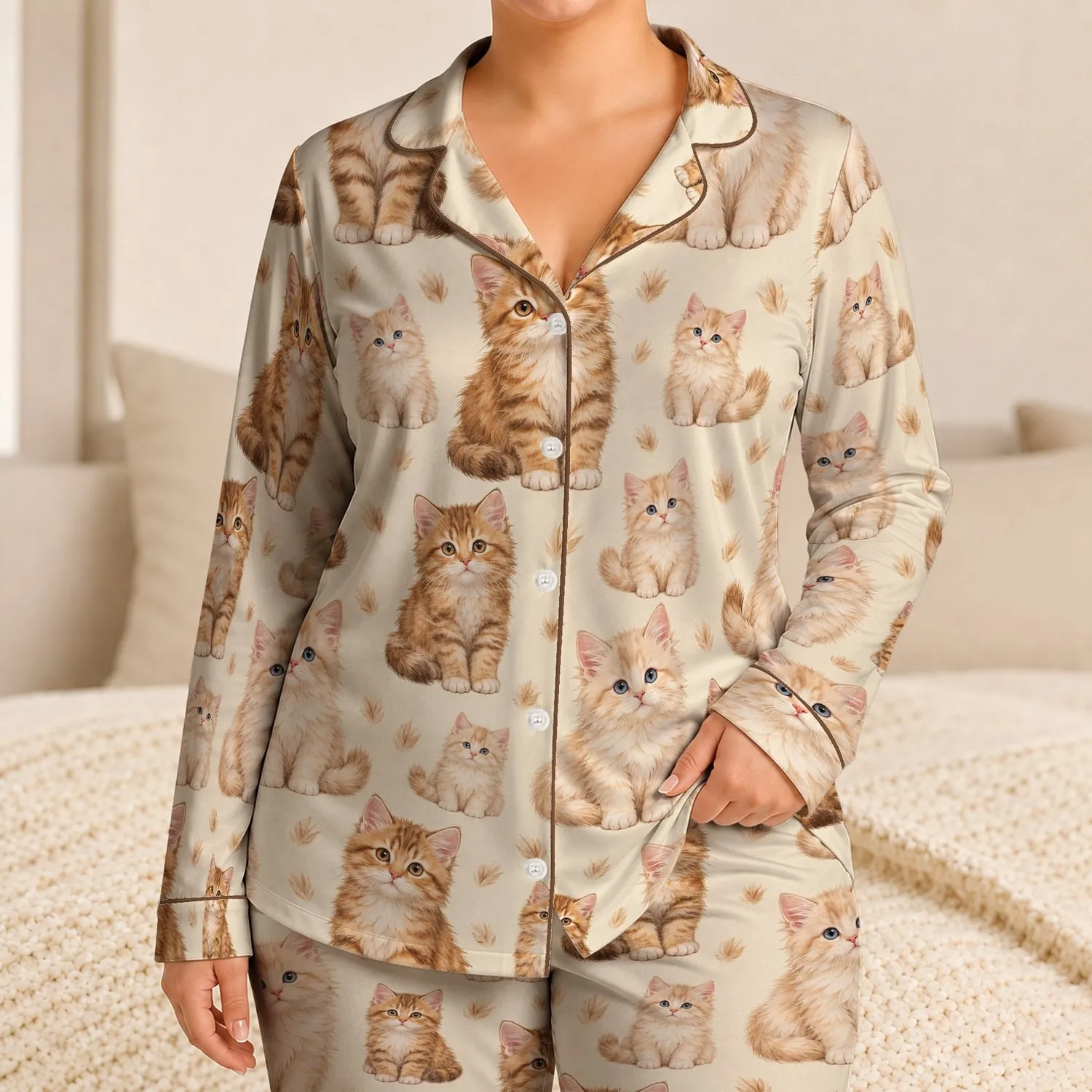 Cream And Ginger Kittens For Cozy Lounging, Relaxing Weekends And Cat Lover Gifts Satin Pajamas Set - 1