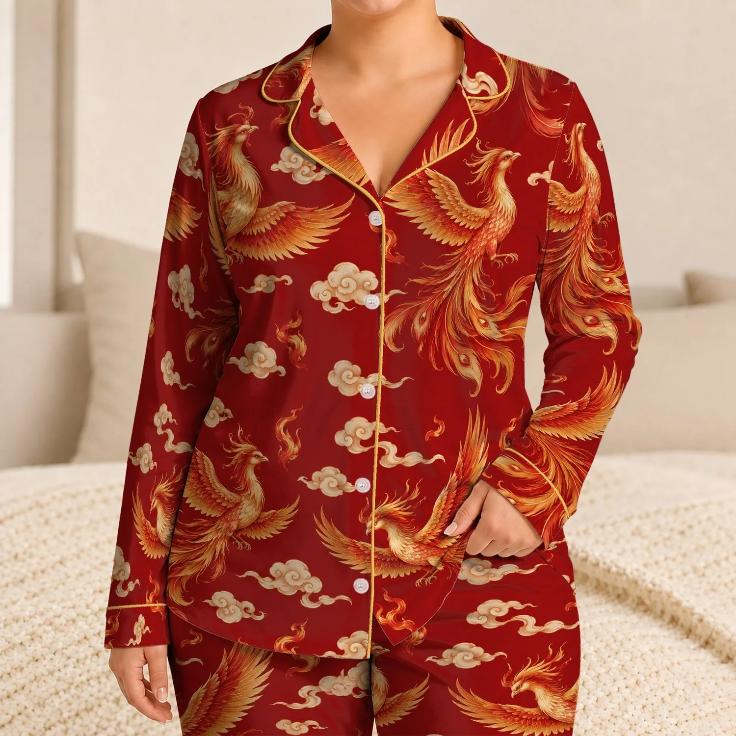Auspicious Phoenix and Cloud Motifs for Relaxed Evenings and Chinese New Year Gifting Satin Pajamas Set - 1