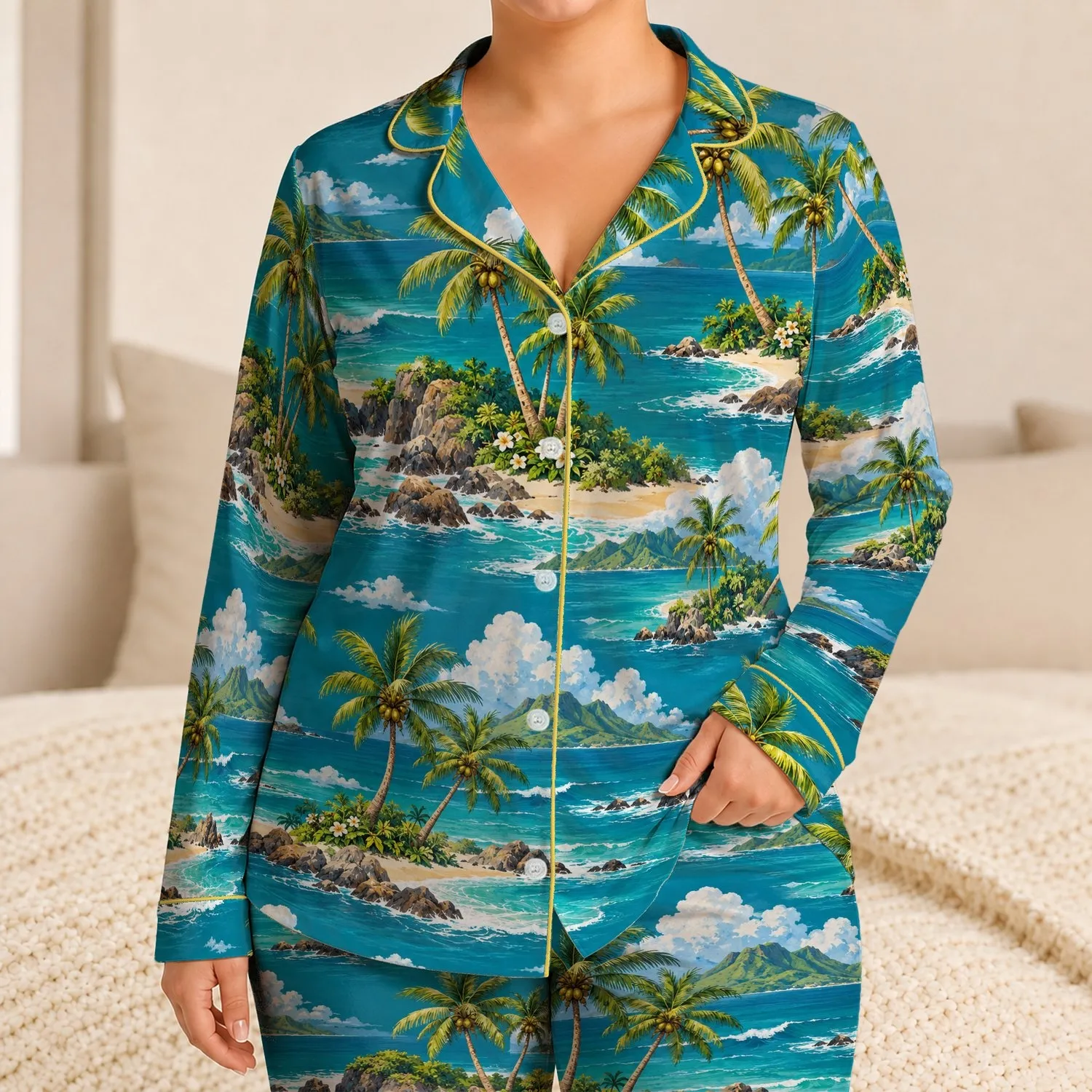 Tropical Palm Trees and Turquoise Beach Scenery for Relaxed Summer Getaways Satin Pajamas Set - 1