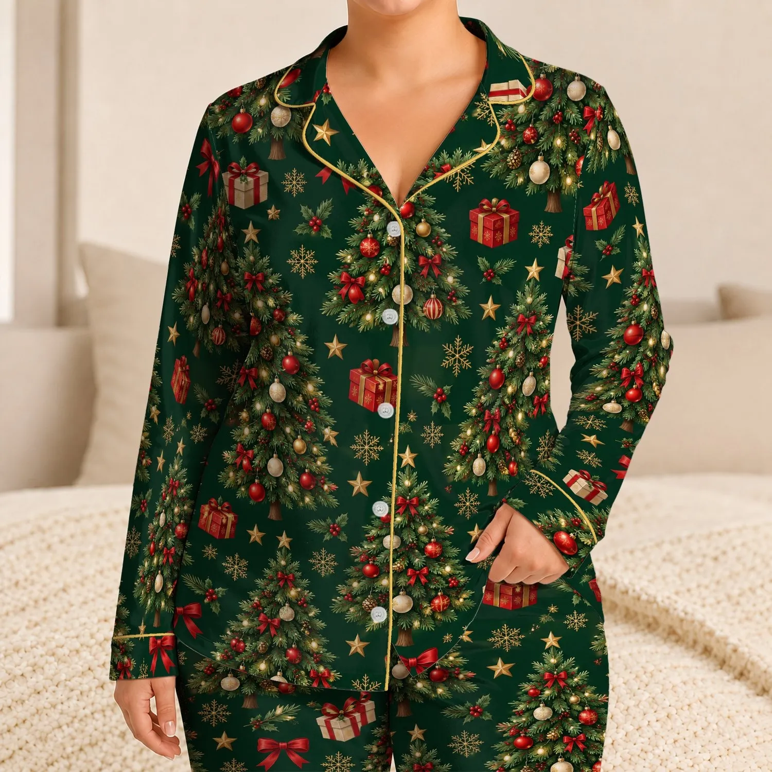 Christmas Evergreen Trees With Festive Ornaments for Cozy Holiday Nights Satin Pajamas Set - 1