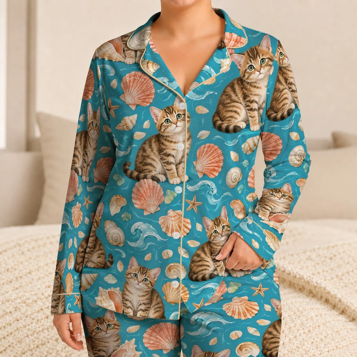 Tabby Kittens and Coastal Seashells for Relaxed Summer Getaways by the Shore Satin Pajamas Set - 1