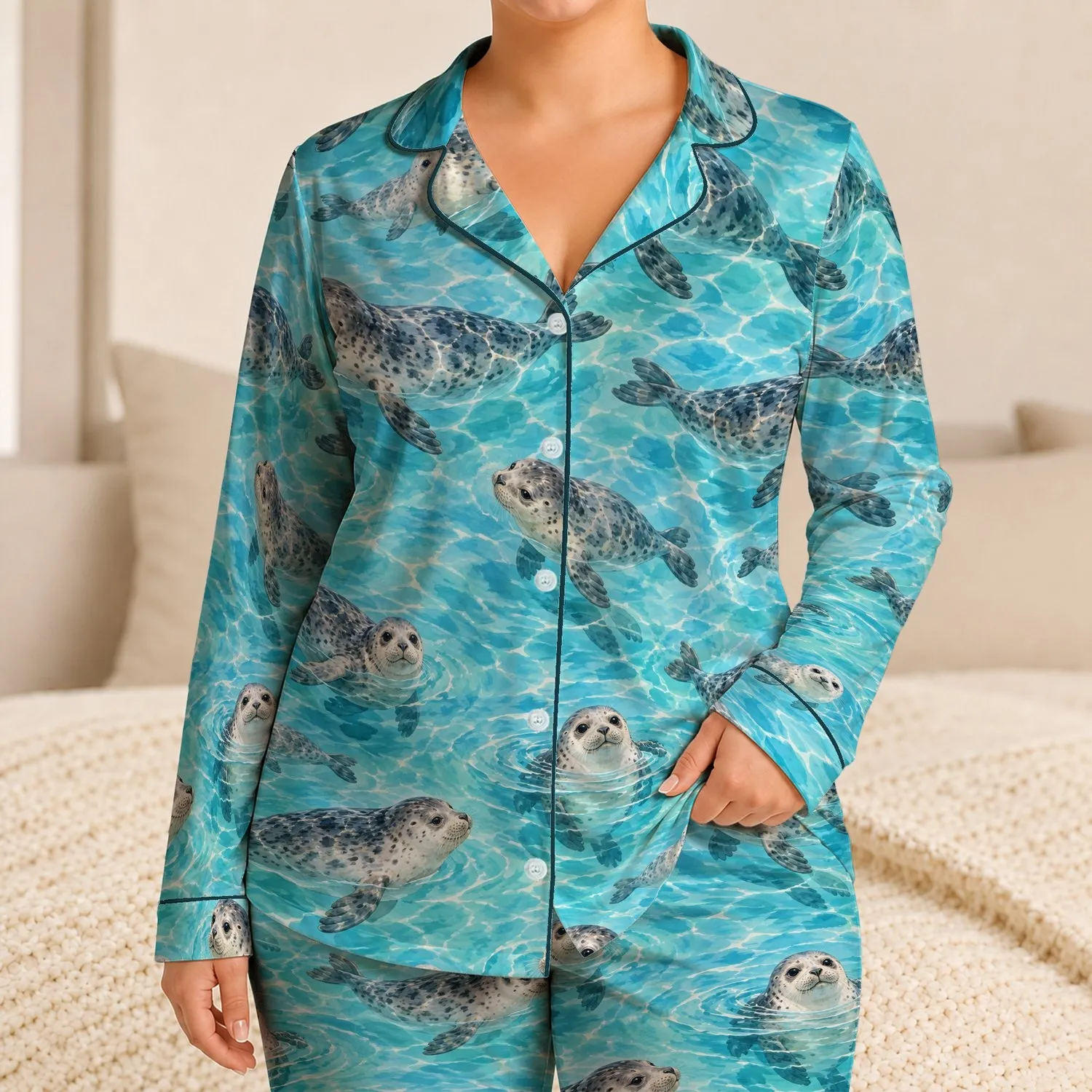 Playful Harbor Seals on Aqua Waves for Relaxed Coastal Weekends and Summer Getaways Satin Pajamas Set - 1