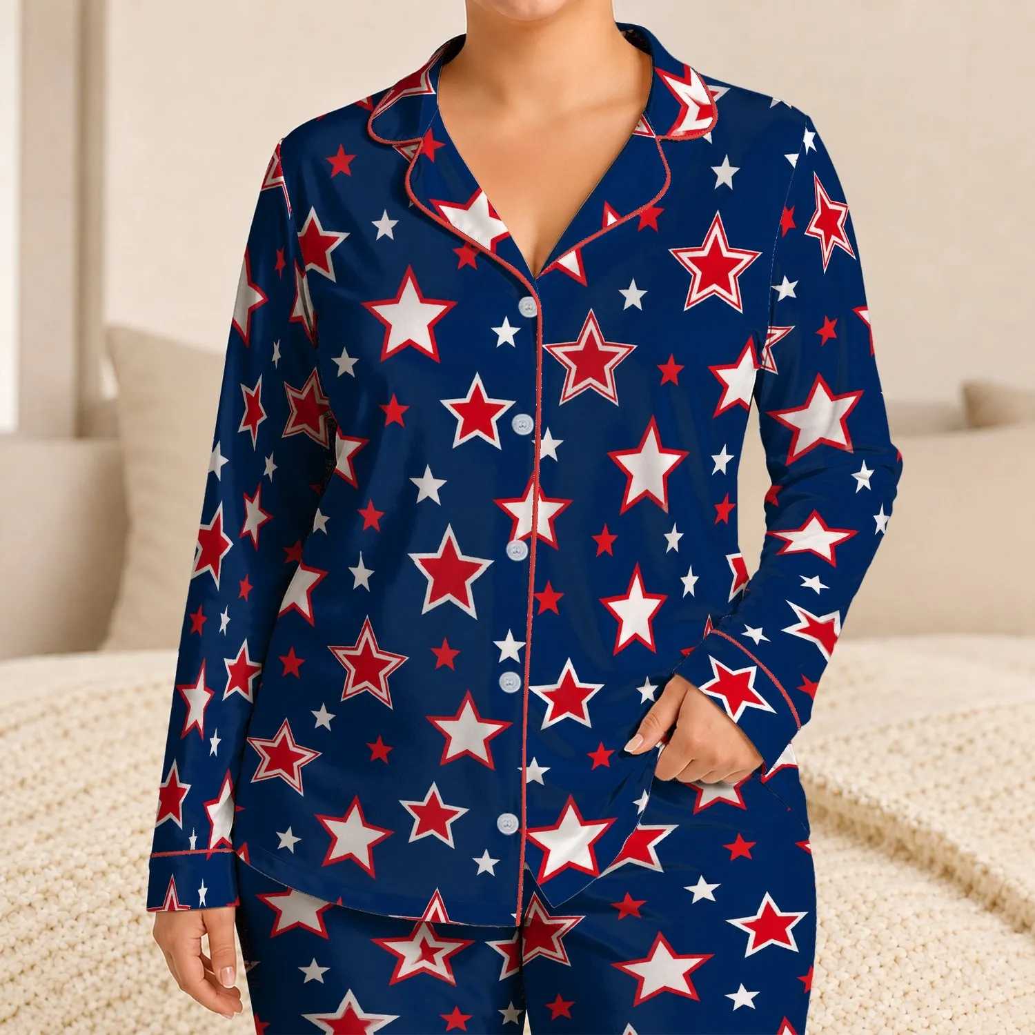 Navy Red and White Five-Point Stars for Coastal Holiday Lounging and Summer Evenings Satin Pajamas Set - 1
