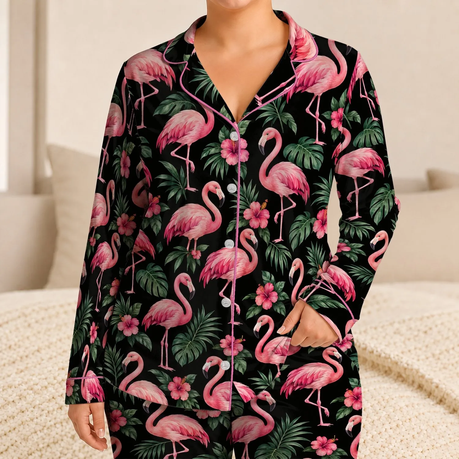 Pink Flamingos on Midnight Black for Tropical Getaways and Relaxed Summer Evenings Satin Pajamas Set - 1