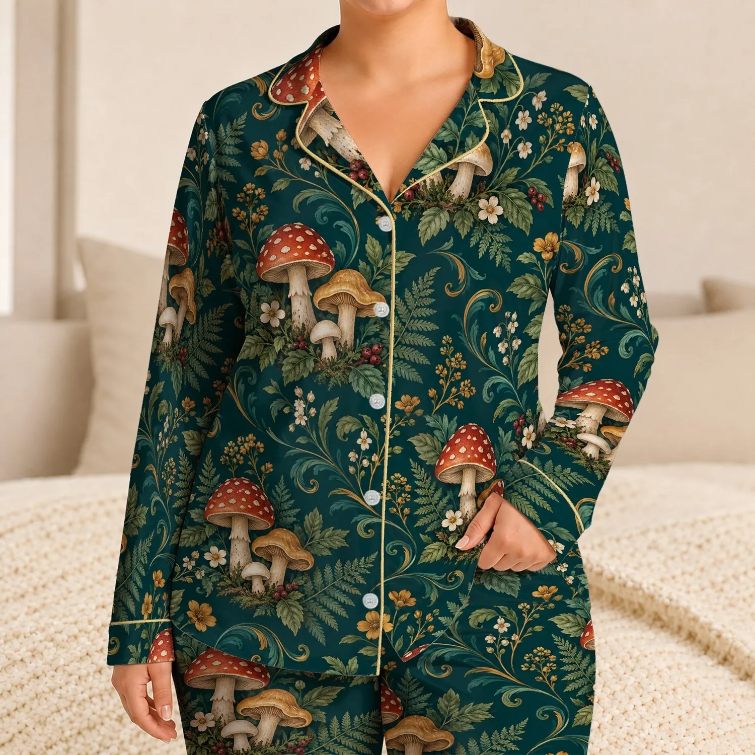 Enchanted Mushroom Forest for Cozy Woodland Nights and Nature-Loving Gift Seekers Satin Pajamas Set - 1