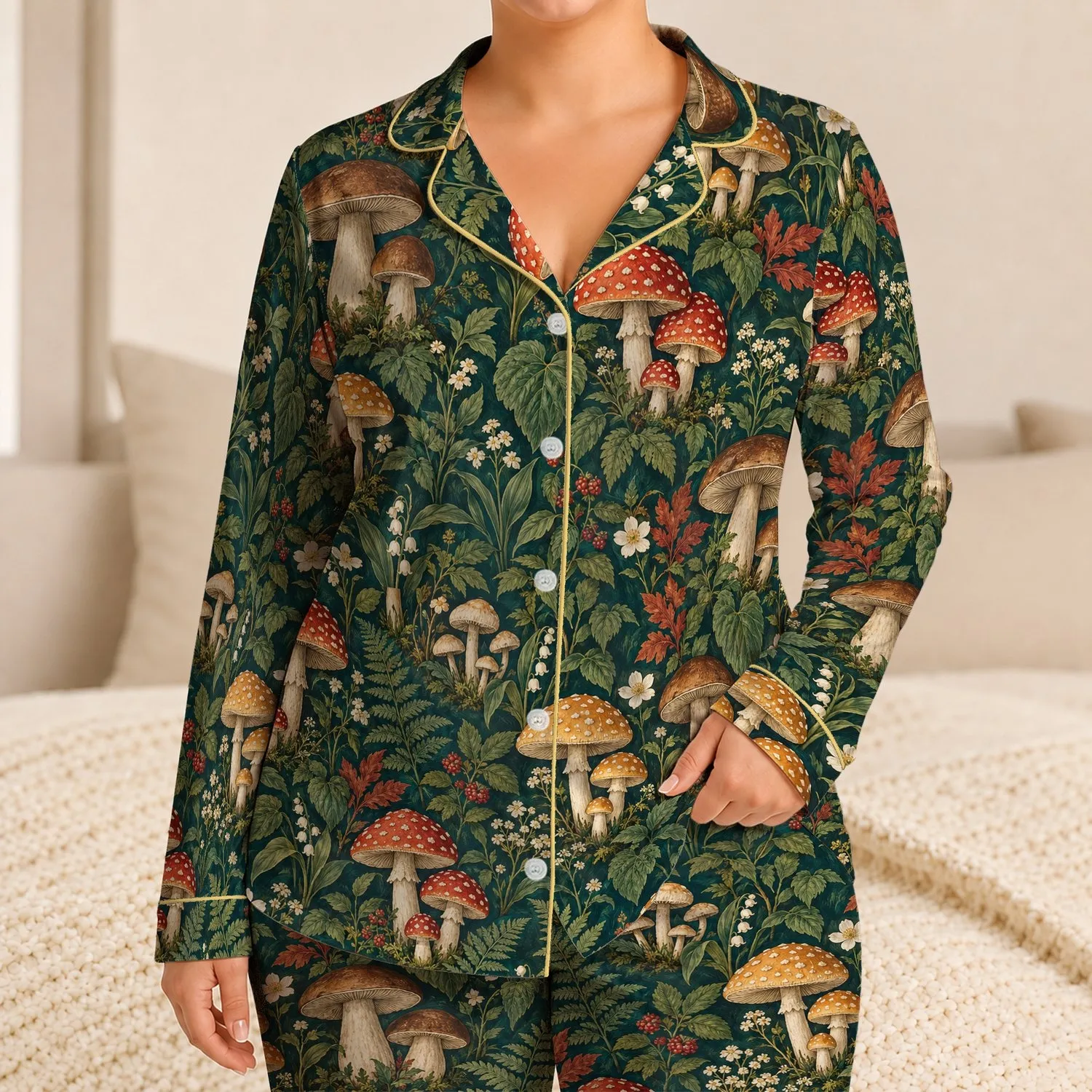 Vintage Mushrooms and Ferns for Cozy Woodland Evenings Satin Pajamas Set - 1