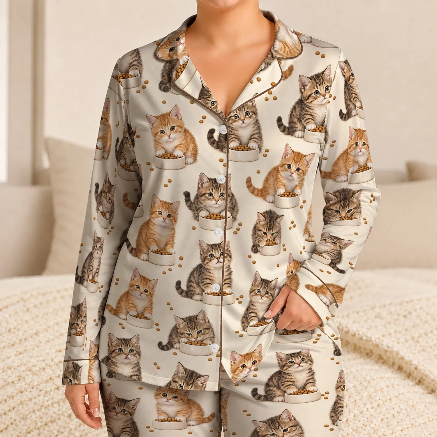 Tabby Kittens Eating From Bowls for Cozy Cat Lover Lounging and Relaxation Time Satin Pajamas Set - 1