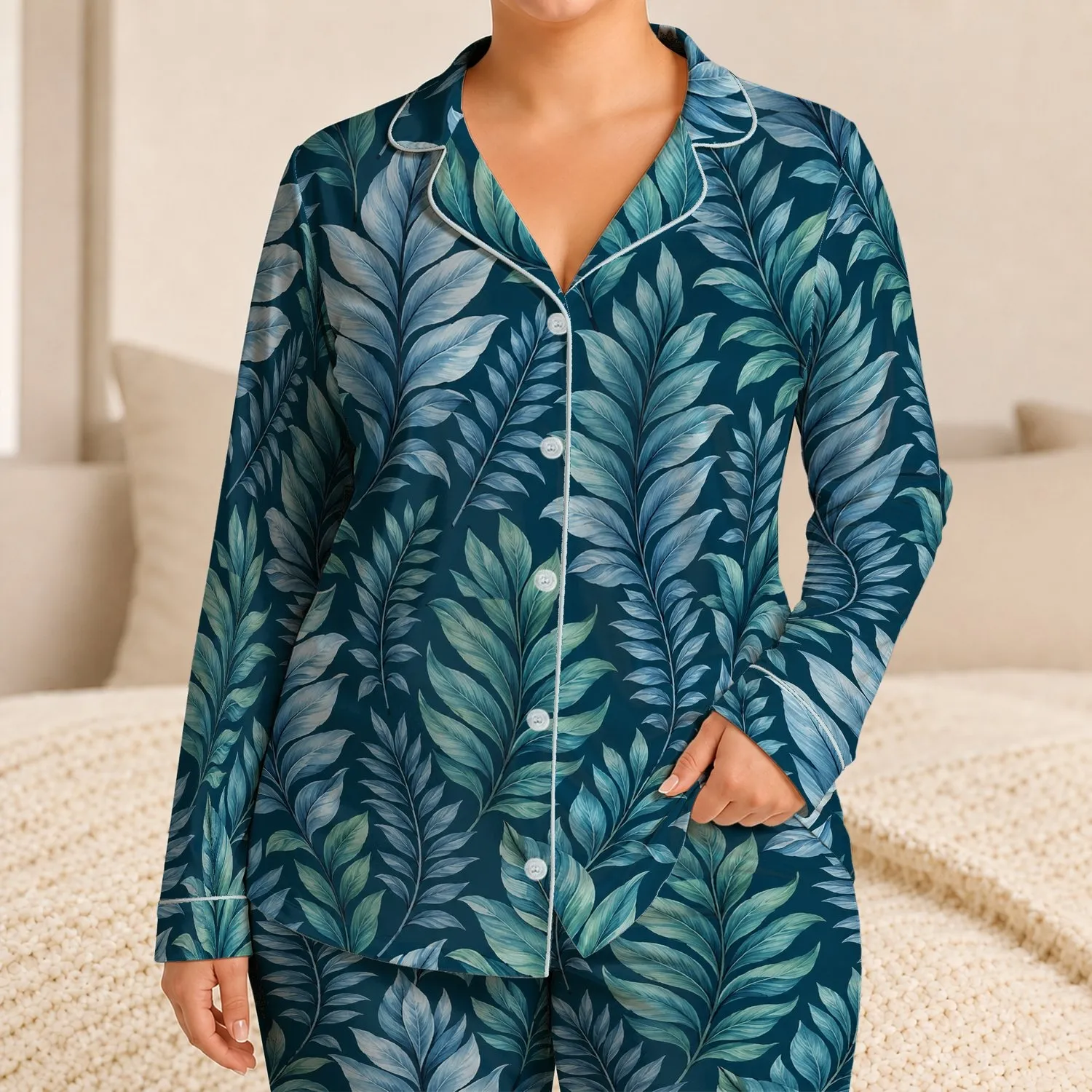 Teal Tropical Leaf Veins for Relaxed Coastal Getaways and Summer Lounging Satin Pajamas Set - 1